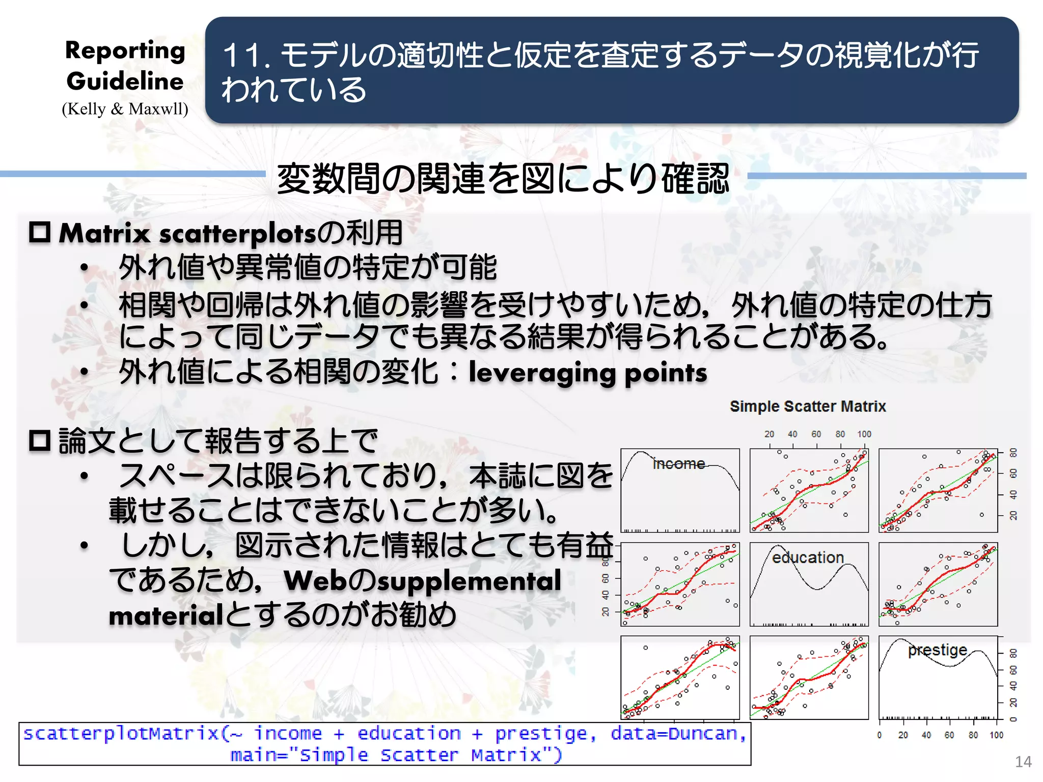 Reporting          11. モデルの適切性と仮定を査定するデータの視覚化が行
 Guideline          われている
 (Kelly & Maxwll)



                      変数間の関連を図により確認
 Matrix scatterplotsの利用
   • 外れ値や異常値の特定が可能
   • 相関や回帰は外れ値の影響を受けやすいため，外れ値の特定の仕方
     によって同じデータでも異なる結果が得られることがある。
   • 外れ値による相関の変化：leveraging points

 論文として報告する上で
   • スペースは限られており，本誌に図を
     載せることはできないことが多い。
   • しかし，図示された情報はとても有益
     であるため，Webのsupplemental
     materialとするのがお勧め



                                                   14
 
