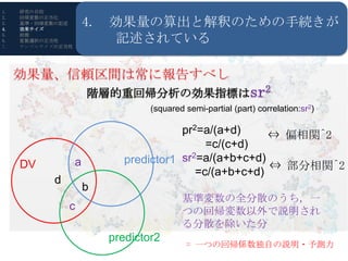 1.   研究の目的

                       4.   効果量の算出と解釈のための手続きが
2.   回帰変数の正当化
3.   基準・回帰変数の記述
4.   効果サイズ
5.
6.
7.
     前提
     変数選択の正当性
     サンプルサイズの正当性
                            記述されている

     効果量、信頼区間は常に報告すべし
                       階層的重回帰分析の効果指標はsr2
                           R・RStudioの導入
                                    (squared semi-partial (part) correlation:sr2)

                                          pr2=a/(a+d)     ⇔ 偏相関^2
                                               =c/(c+d)
                   a           predictor1 sr2=a/(a+b+c+d)
     DV                                                   ⇔ 部分相関^2
                                             =c/(a+b+c+d)
            d
                       b
                                            基準変数の全分散のうち，一
                c                           つの回帰変数以外で説明され
                                            る分散を除いた分
                            predictor2
                                             = 一つの回帰係数独自の説明・予測力
 