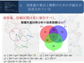 1.   研究の目的

                   4.   効果量の算出と解釈のための手続きが
2.   回帰変数の正当化
3.   基準・回帰変数の記述
4.   効果サイズ
5.
6.
7.
     前提
     変数選択の正当性
     サンプルサイズの正当性
                        記述されている

     効果量、信頼区間は常に報告すべし
                   階層的重回帰分析の効果指標はsr2
                    R・RStudioの導入




     x1とDVのpr2=30/(30+10)=.75 ： x2とDVのpr2=20/(20+10)=.66
     x1とDVのsr2=30/(30+5+20+10)=.46 : x2とDVの
     sr2=20/(30+5+20+10)=.30
 