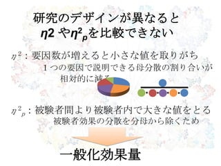 研究のデザインが異なると
η2 やη2
pを比較できない
η2：要因数が増えると小さな値を取りがち
１つの要因で説明できる母分散の割り合いが
相対的に減る
η2
p：被験者間より被験者内で大きな値をとる
被験者効果の分散を分母から除くため
一般化効果量
 