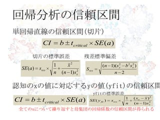 回帰分析の信頼区間
)(aSEtbCI critical
単回帰直線の信頼区間(切片)
2
))(1( 222
n
sbsn
S
xy
res2
2
)1(
1
)(
x
res
sn
x
n
saSE
残差標準偏差切片の標準誤差
認知のxの値に対応するyの値(yfit)の信頼区間
2
2
)1(
)(1
)(
x
o
resfit
sn
xx
n
sySE)(aSEtbCI critical
yfitの標準誤差
全てのxについて繰り返すと母集団の回帰係数の信頼区間が得られる
 