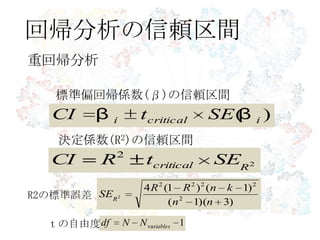 回帰分析の信頼区間
)( icriticali SEtCI ββ
重回帰分析
標準偏回帰係数(β)の信頼区間
決定係数(R2)の信頼区間
2
2
Rcritical SEtRCI
)3)(1(
)1()1(4
2
2222
2
nn
knRR
SER
1variablesNNdfｔの自由度
R2の標準誤差
 