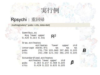 実行例
multreg(salary~ pubs + cits, data=dat)
Rpsychi：重回帰
R2
β
B
 