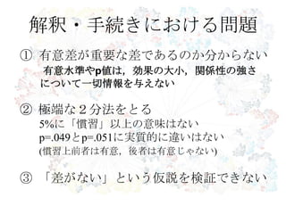 解釈・手続きにおける問題
① 有意差が重要な差であるのか分からない
有意水準やp値は，効果の大小，関係性の強さ
について一切情報を与えない
② 極端な２分法をとる
5%に「慣習」以上の意味はない
p=.049とp=.051に実質的に違いはない
(慣習上前者は有意，後者は有意じゃない)
③ 「差がない」という仮説を検証できない
 
