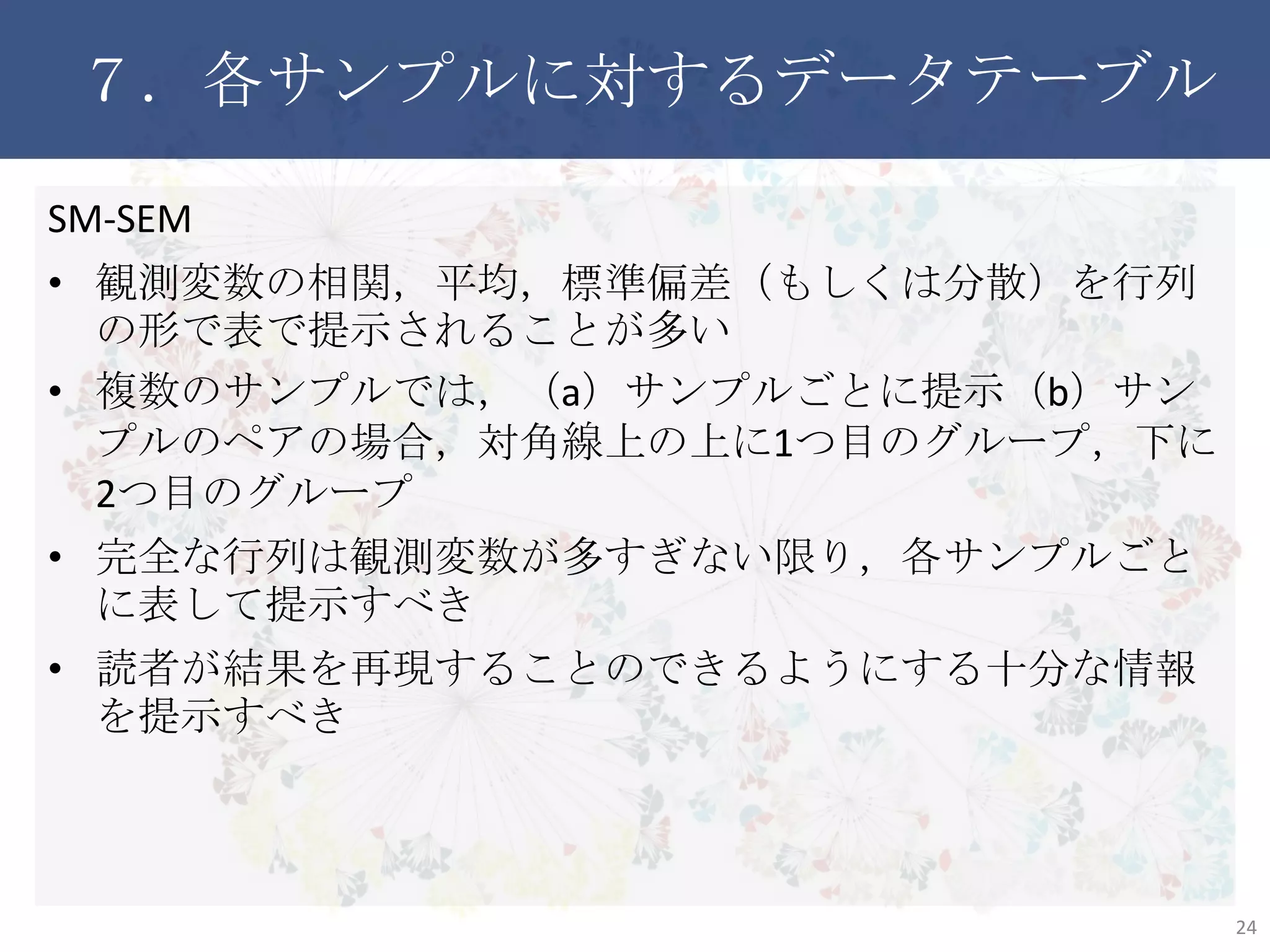 ７．各サンプルに対するデータテーブル
SM-SEM
• 観測変数の相関，平均，標準偏差（もしくは分散）を行列の形で
表で提示されることが多い
• 複数のサンプルでは，（a）サンプルごとに提示（b）サンプルのペ
アの場合，対角線上の上に1つ目のグループ，下に2つ目のグ
ループ
• 完全な行列は観測変数が多すぎない限り，各サンプルごとに表
して提示すべき
• 読者が結果を再現することのできるようにする十分な情報を提
示すべき
24
 
