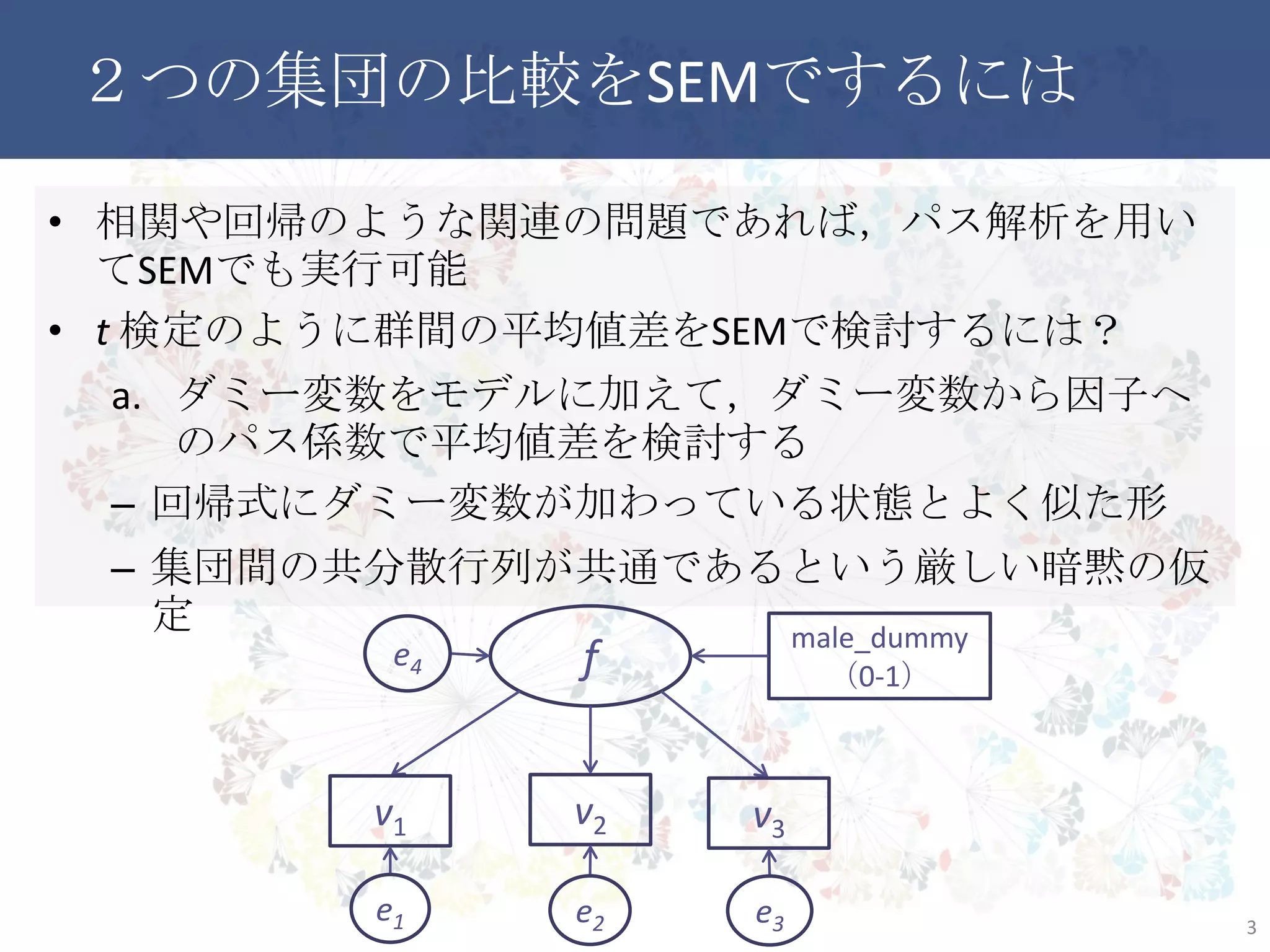 ２つの集団の比較をSEMでするには
• 相関や回帰のような関連の問題であれば，パス解析を用いて
SEMでも実行可能
• t 検定のように群間の平均値差をSEMで検討するには？
a. ダミー変数をモデルに加えて，ダミー変数から因子へのパ
ス係数で平均値差を検討する
– 回帰式にダミー変数が加わっている状態とよく似た形
– 集団間の共分散行列が共通であるという厳しい暗黙の仮定
3
f
v1 v2 v3
e1 e2 e3
male_dummy
（0-1）
e4
 