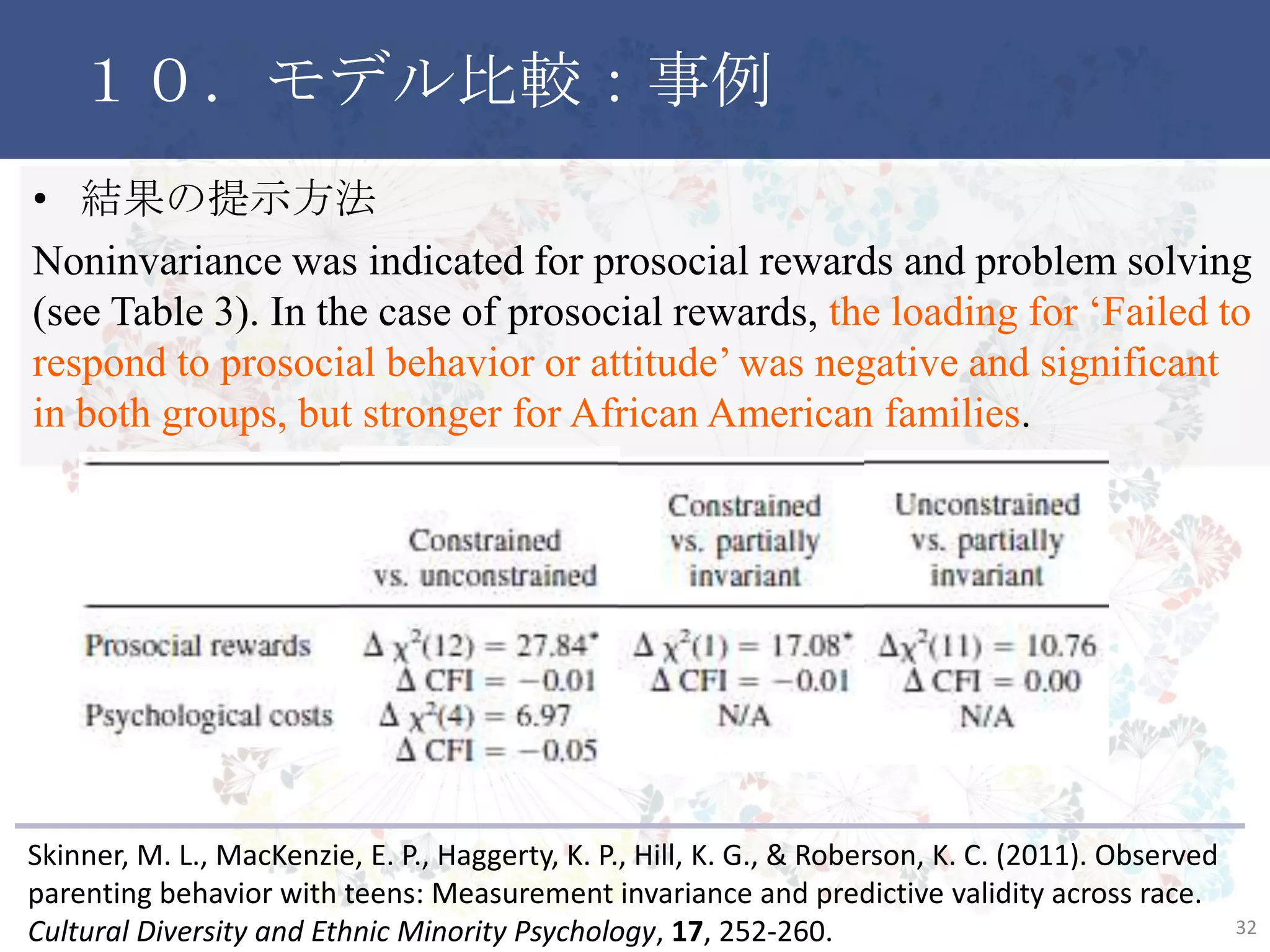 １０．モデル比較：事例
• 結果の提示方法
Noninvariance was indicated for prosocial rewards and problem solving
(see Table 3). In the case of prosocial rewards, the loading for ‘Failed to
respond to prosocial behavior or attitude’ was negative and significant
in both groups, but stronger for African American families.
32
Skinner, M. L., MacKenzie, E. P., Haggerty, K. P., Hill, K. G., & Roberson, K. C. (2011). Observed
parenting behavior with teens: Measurement invariance and predictive validity across race.
Cultural Diversity and Ethnic Minority Psychology, 17, 252-260.
 