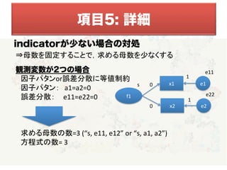   
  
indicatorが少ない場合の対処
	
  ⇒母数を固定することで，求める母数を少なくする	
  
　	
  
	
  
	
  
観測変数が2つの場合
　因子パタンor誤差分散に等値制約	
  
　因子パタン：　a1=a2=0	
  
	
  	
  	
  誤差分散：　	
  	
  e11=e22=0	
  
	
  
	
  
	
  
	
  	
  	
  求める母数の数=3	
  (“s,	
  e11,	
  e12”	
  or	
  “s,	
  a1,	
  a2”)	
  
　方程式の数=	
  3	
  
	
  
f1	
x1	
 e1	
0	
s	
e11	
1	
x2	
0	
 e2	
e22	
1	
項目5: 詳細
 