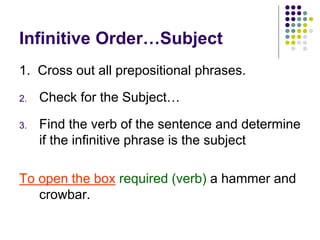 Infinitive Order…Subject
1. Cross out all prepositional phrases.
2. Check for the Subject…
3. Find the verb of the sentence and determine
if the infinitive phrase is the subject
To open the box required (verb) a hammer and
crowbar.
 