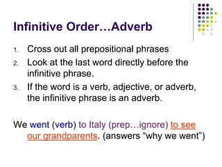 Infinitive Order…Adverb
1. Cross out all prepositional phrases
2. Look at the last word directly before the
infinitive phrase.
3. If the word is a verb, adjective, or adverb,
the infinitive phrase is an adverb.
We went (verb) to Italy (prep…ignore) to see
our grandparents. (answers “why we went”)
 