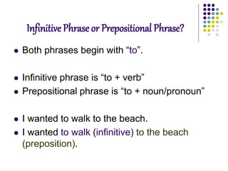 Infinitive Phrase or Prepositional Phrase?
 Both phrases begin with “to”.
 Infinitive phrase is “to + verb”
 Prepositional phrase is “to + noun/pronoun”
 I wanted to walk to the beach.
 I wanted to walk (infinitive) to the beach
(preposition).
 