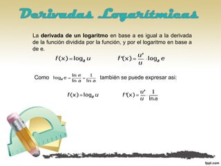 La derivada de un logaritmo en base a es igual a la derivada
de la función dividida por la función, y por el logaritmo en base a
de e.
Como también se puede expresar asi:
 