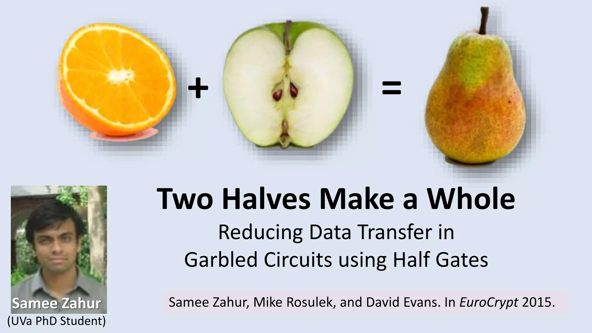 Two Halves Make a Whole
Reducing Data Transfer in
Garbled Circuits using Half Gates
Samee Zahur, Mike Rosulek, and David Evans. In EuroCrypt 2015.Samee Zahur
(UVa PhD Student)
+ =
 