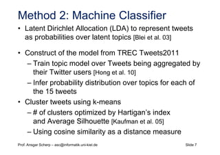 Slide 7Prof. Ansgar Scherp – asc@informatik.uni-kiel.de
Method 2: Machine Classifier
• Latent Dirichlet Allocation (LDA) to represent tweets
as probabilities over latent topics [Blei et al. 03]
• Construct of the model from TREC Tweets2011
– Train topic model over Tweets being aggregated by
their Twitter users [Hong et al. 10]
– Infer probability distribution over topics for each of
the 15 tweets
• Cluster tweets using k-means
– # of clusters optimized by Hartigan’s index
and Average Silhouette [Kaufman et al. 05]
– Using cosine similarity as a distance measure
 