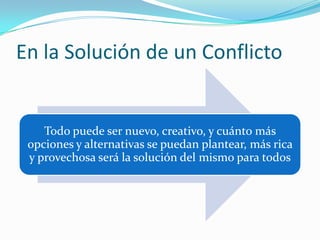 En la Solución de un Conflicto


    Todo puede ser nuevo, creativo, y cuánto más
 opciones y alternativas se puedan plantear, más rica
 y provechosa será la solución del mismo para todos
 
