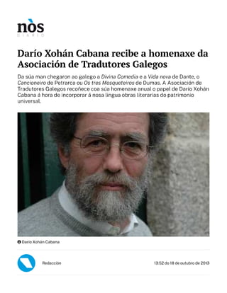 Darío Xohán Cabana recibe a homenaxe da Asociación de Tradutores Galegos