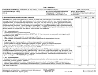 UNCLASSIFIED
PE 0602303E: INFORMATION & COMMUNICATIONS TECHNOLOGY UNCLASSIFIED
Defense Advanced Research Projects Agency Page 22 of 33 R-1 Line #13
Exhibit R-2A, RDT&E Project Justification: PB 2017 Defense Advanced Research Projects Agency Date: February 2016
Appropriation/Budget Activity
0400 / 2
R-1 Program Element (Number/Name)
PE 0602303E / INFORMATION &
COMMUNICATIONS TECHNOLOGY
Project (Number/Name)
IT-03 / INFORMATION ASSURANCE AND
SURVIVABILITY
B. Accomplishments/Planned Programs ($ in Millions) FY 2015 FY 2016 FY 2017
Description: The Active Cyber Defense (ACD) program will enable DoD cyber operators to fully leverage our inherent home field
advantage when defending the DoD cyber battlespace. In the cyber environment, defenders have detailed knowledge of, and
unlimited access to, the system resources that attackers wish to gain. The ACD program will exploit emerging technologies to
facilitate the conduct of defensive operations that involve immediate and direct engagement between DoD cyber operators and
sophisticated cyber adversaries. Through these active engagements, DoD cyber defenders will be able to more readily disrupt,
counter, and neutralize adversary cyber tradecraft in real time. Moreover, ACD-facilitated operations should cause adversaries to
be more cautious and increase their work factor by limiting success from their efforts.
FY 2015 Accomplishments:
- Completed development of system components.
- Performed a limited capability demonstration at CYBERFLAG 15-1 training exercise by successfully defending a targeted
network enclave from attack.
- Began integration of technologies into complete prototype platforms.
- Tested integrated capabilities in collaboration with Director, Operational Test and Evaluation (DOT&E).
FY 2016 Plans:
- Complete integration of system platforms and demonstrate capabilities to transition partners.
- Perform final test and evaluation of integrated capabilities and obtain approval for operational deployment.
- Support initial operational fielding of capability to facilitate transition to DoD cyber operators.
Title: Rapid Software Development using Binary Components (RAPID)
Description: The Rapid Software Development using Binary Components (RAPID) program developed a system to identify
and extract software components for reuse in new applications. The DoD has critical applications that must be ported to future
operating systems. In many cases, the application source code is no longer available requiring these applications to continue to
run on insecure and outdated operating systems, potentially impacting operations. Advanced technology development for the
program was budgeted in PE 0603760E, Project CCC-04.
FY 2015 Accomplishments:
- Developed new software component reuse capabilities to extend application performance to a wider range of realistic scenarios
and enable an expanded concept of operations.
- Implemented new capabilities in modules designed to interoperate seamlessly with deployed RAPID prototype systems.
- Integrated new modules into prototype RAPID systems deployed at transition partner sites and supported initial operations.
10.396 -   -  
Title: Active Authentication 7.025 -   -  
Volume 1 - 88
 