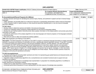 UNCLASSIFIED
PE 0602303E: INFORMATION & COMMUNICATIONS TECHNOLOGY UNCLASSIFIED
Defense Advanced Research Projects Agency Page 27 of 33 R-1 Line #13
Exhibit R-2A, RDT&E Project Justification: PB 2017 Defense Advanced Research Projects Agency Date: February 2016
Appropriation/Budget Activity
0400 / 2
R-1 Program Element (Number/Name)
PE 0602303E / INFORMATION &
COMMUNICATIONS TECHNOLOGY
Project (Number/Name)
IT-04 / LANGUAGE UNDERSTANDING
AND SYMBIOTIC AUTOMATION
B. Accomplishments/Planned Programs ($ in Millions) FY 2015 FY 2016 FY 2017
- Develop semantic techniques for identifying the common topics, themes, and sentiment in speech and text in diverse foreign
languages.
- Collect, generate, and annotate data for an initial set of resources in typologically representative medium-resource languages.
- Create a baseline toolkit to rapidly develop an initial situational awareness capability given a new low-resource language
document collection.
FY 2017 Plans:
- Develop means to determine opinions and beliefs in low-resource languages.
- Construct an integrated system employing multiple algorithms for low-resource language analysis.
- Develop the user interface platform that will provide native speaker information to the analysis platform and provide query-driven
information to the users.
- Evaluate the performance of the analysis algorithms on two new languages and measure progress on the languages evaluated
in the previous year.
- Work with end users to utilize and evaluate the interface platform.
Title: Deep Exploration and Filtering of Text (DEFT)
Description: The Deep Exploration and Filtering of Text (DEFT) program is developing language technology to enable automated
extraction, processing, and inference of information from text in operationally relevant application domains. A key DEFT emphasis
is to determine explicit and implicit meaning in text through probabilistic inference, anomaly detection, and other techniques.
To accomplish this, DEFT will develop and apply formal representations for basic facts, spatial, temporal, and associative
relationships, causal and process knowledge, textually entailed information, and derived relationships and correlated actions/
events. DEFT inputs may be in English or in a foreign language and sources may be reports, messages, or other documents.
DEFT will extract knowledge at scale for open source intelligence and threat analysis. Planned transition partners include the
intelligence community and operational commands.
FY 2015 Accomplishments:
- Developed technology for extracting belief, sentiment and intent, for representing geo-spatial features and temporal events, and
for inference from a set of documents.
- Integrated multiple complementary algorithms into a comprehensive and consistent functional suite to support end-user
workflows and problems.
- Focused algorithm development on knowledge base representation in preparation for embedding algorithms in workflows to
enable reasoning and downstream analysis.
- Initiated work to adapt algorithms to specific foreign languages.
- Conducted performance evaluations on event representation and other aspects of knowledge base population.
23.933 30.223 17.419
Volume 1 - 93
 