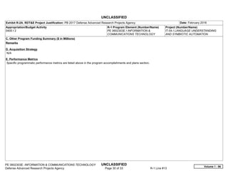 UNCLASSIFIED
PE 0602303E: INFORMATION & COMMUNICATIONS TECHNOLOGY UNCLASSIFIED
Defense Advanced Research Projects Agency Page 30 of 33 R-1 Line #13
Exhibit R-2A, RDT&E Project Justification: PB 2017 Defense Advanced Research Projects Agency Date: February 2016
Appropriation/Budget Activity
0400 / 2
R-1 Program Element (Number/Name)
PE 0602303E / INFORMATION &
COMMUNICATIONS TECHNOLOGY
Project (Number/Name)
IT-04 / LANGUAGE UNDERSTANDING
AND SYMBIOTIC AUTOMATION
C. Other Program Funding Summary ($ in Millions)
Remarks
D. Acquisition Strategy
N/A
E. Performance Metrics
Specific programmatic performance metrics are listed above in the program accomplishments and plans section.
Volume 1 - 96
 