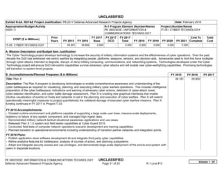 UNCLASSIFIED
PE 0602303E: INFORMATION & COMMUNICATIONS TECHNOLOGY UNCLASSIFIED
Defense Advanced Research Projects Agency Page 31 of 33 R-1 Line #13
Exhibit R-2A, RDT&E Project Justification: PB 2017 Defense Advanced Research Projects Agency Date: February 2016
Appropriation/Budget Activity
0400 / 2
R-1 Program Element (Number/Name)
PE 0602303E / INFORMATION &
COMMUNICATIONS TECHNOLOGY
Project (Number/Name)
IT-05 / CYBER TECHNOLOGY
COST ($ in Millions)
Prior
Years FY 2015 FY 2016
FY 2017
Base
FY 2017
OCO
FY 2017
Total FY 2018 FY 2019 FY 2020 FY 2021
Cost To
Complete
Total
Cost
IT-05: CYBER TECHNOLOGY -   63.891 39.664 0.000 -   0.000 0.000 0.000 0.000 0.000   -      -   
A. Mission Description and Budget Item Justification
The Cyber Technology project develops technology to increase the security of military information systems and the effectiveness of cyber operations. Over the past
decade the DoD has embraced net-centric warfare by integrating people, platforms, weapons, sensors, and decision aids. Adversaries seek to limit this force multiplier
through cyber attacks intended to degrade, disrupt, or deny military computing, communications, and networking systems. Technologies developed under the Cyber
Technology project will ensure DoD net-centric capabilities survive adversary cyber attacks and will enable new cyber-warfighting capabilities. Promising technologies
will transition to system-level projects.
B. Accomplishments/Planned Programs ($ in Millions) FY 2015 FY 2016 FY 2017
Title: Plan X
Description: The Plan X program is developing technologies to enable comprehensive awareness and understanding of the
cyber battlespace as required for visualizing, planning, and executing military cyber warfare operations. This includes intelligence
preparation of the cyber battlespace, indications and warning of adversary cyber actions, detection of cyber-attack onset,
cyber-attacker identification, and cyber battle damage assessment. Plan X is creating new graphical interfaces that enable
intuitive visualization of events on hosts and networks to aid in the planning and execution of cyber warfare. Plan X will extend
operationally meaningful measures to project quantitatively the collateral damage of executed cyber warfare missions. Plan X
funding continues in FY 2017 in Project IT-03.
FY 2015 Accomplishments:
- Created runtime environment and platforms capable of supporting a large scale user base, massive-scale deployments,
resiliency to failure of any system component, and managed high ingest rates.
- Demonstrated military network tactical situational awareness applications and use cases.
- Released Plan X 1.0 system and field tested capabilities at Cyber Guard 2015.
- Conducted field tests of computer network operations scenario development and training capabilities.
- Planned transition to operational environments including understanding of transition partner networks and integration points.
FY 2016 Plans:
- Publish application store software development kit and integrate third party cyber capabilities.
- Refine analytics features for battlespace, analysis of courses of action, and planning subsystems.
- Adopt and integrate security access and use privileges, and demonstrate large-scale deployment of the end-to-end system with
users in disparate locations.
38.161 29.800 -  
Volume 1 - 97
 