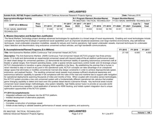 UNCLASSIFIED
PE 0602702E: TACTICAL TECHNOLOGY UNCLASSIFIED
Defense Advanced Research Projects Agency Page 4 of 31 R-1 Line #17
Exhibit R-2A, RDT&E Project Justification: PB 2017 Defense Advanced Research Projects Agency Date: February 2016
Appropriation/Budget Activity
0400 / 2
R-1 Program Element (Number/Name)
PE 0602702E / TACTICAL TECHNOLOGY
Project (Number/Name)
TT-03 / NAVAL WARFARE TECHNOLOGY
COST ($ in Millions)
Prior
Years FY 2015 FY 2016
FY 2017
Base
FY 2017
OCO
FY 2017
Total FY 2018 FY 2019 FY 2020 FY 2021
Cost To
Complete
Total
Cost
TT-03: NAVAL WARFARE
TECHNOLOGY
-   61.648 52.128 43.024 -   43.024 53.544 64.765 43.451 53.451   -      -   
A. Mission Description and Budget Item Justification
The Naval Warfare Technology project develops advanced technologies for application to a broad range of naval requirements. Enabling and novel technologies include
concepts for expanding the envelope of operational naval capabilities such as improved situational awareness over large maritime environments, ship self-defense
techniques, novel underwater propulsion modalities, vessels for estuary and riverine operations, high speed underwater vessels, improved techniques for underwater
object detection and discrimination, long endurance unmanned surface vehicles, and high bandwidth communications.
B. Accomplishments/Planned Programs ($ in Millions) FY 2015 FY 2016 FY 2017
Title: Anti-Submarine Warfare (ASW) Continuous Trail Unmanned Vessel (ACTUV)
Description: The Anti-Submarine Warfare (ASW) Continuous Trail Unmanned Vessel (ACTUV) program has three primary
goals: (1) to build and demonstrate an experimental unmanned vessel with beyond state-of-the-art platform performance based
on clean sheet design for unmanned operation; (2) demonstrate the technical viability of operating autonomous unmanned craft at
theater or global ranges, from forward operating bases, under a sparse remote supervisory control model; and (3) leverage unique
ACTUV characteristics to transition a game changing ASW capability to the Navy. By establishing the premise that a human is
never intended to step on board at any point in the operational cycle, ACTUV concepts can take advantage of an unexplored
design space that eliminates or modifies conventional manned ship design constraints in order to achieve disproportionate speed,
endurance, and payload fraction. The resulting unmanned naval vessels must possess sufficient situational awareness and
autonomous behavior capability to operate in full compliance with the rules of the road and maritime law to support safe navigation
for operational deployments spanning thousands of miles and months of time. When coupled with innovative sensor technologies,
the ACTUV system provides a low cost unmanned system with a fundamentally different operational risk calculus that enables
game changing capability to detect and track even the quietest diesel electric submarine threats. Key technical areas include
unmanned naval vessel design methodologies, ship system reliability, high fidelity sensor fusion to provide an accurate world
model for autonomous operation, novel application of sensors for ASW tracking, and holistic system integration due to unique
optimization opportunities of the ACTUV system.
FY 2015 Accomplishments:
- Integrated software and hardware into the ACTUV platform.
- Initiated development of alternative payloads.
FY 2016 Plans:
- Complete construction of prototype vessel.
- Initiate at-sea testing to validate baseline performance of vessel, sensor systems, and autonomy.
27.100 6.000 4.000
Volume 1 - 108
 