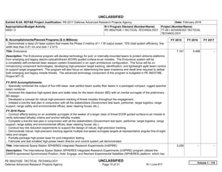 UNCLASSIFIED
PE 0602702E: TACTICAL TECHNOLOGY UNCLASSIFIED
Defense Advanced Research Projects Agency Page 15 of 31 R-1 Line #17
Exhibit R-2A, RDT&E Project Justification: PB 2017 Defense Advanced Research Projects Agency Date: February 2016
Appropriation/Budget Activity
0400 / 2
R-1 Program Element (Number/Name)
PE 0602702E / TACTICAL TECHNOLOGY
Project (Number/Name)
TT-06 / ADVANCED TACTICAL
TECHNOLOGY
B. Accomplishments/Planned Programs ($ in Millions) FY 2015 FY 2016 FY 2017
- Demonstrate a deep UV laser system that meets the Phase 2 metrics of > 1 W output power, 10% total system efficiency, line
width less than 0.01 nm and size < 2 in^3.
Title: Endurance
Description: The Endurance program will develop technology for pod- or internally-mounted lasers to protect airborne platforms
from emerging and legacy electro-optical/infrared (EO/IR) guided surface-to-air missiles. The Endurance system will be
a completely self-contained laser weapon system brassboard in an open architecture configuration. The focus will be on
miniaturizing component technologies, developing high-precision target tracking, identification, and lightweight agile beam control
to support target engagement. The program will also focus on determining the laser irradiance and dwell time required to defeat
both emerging and legacy missile threats. The advanced technology component of this program is budgeted in PE 0603739E,
Project MT-15.
FY 2015 Accomplishments:
- Spectrally combined the output of four kW-class, near perfect beam quality fiber lasers in a packaged compact, rugged spectral
beam combiner.
- Achieved the objective high-speed slew and settle rates for the beam director (BD) with an inertial surrogate of the preliminary
BD design.
- Developed a concept for robust high-precision tracking of threat missiles throughout the engagement.
- Initiated a live-fire test plan in conjunction with all the stakeholders (Government test team, performer, target logistics, range
support, range safety and environmental offices, laser clearing house, etc.).
FY 2016 Plans:
- Conduct effects testing on an available surrogate of the seeker of a larger class of threat EO/IR guided surface-to-air missile to
verify estimated lethality criteria and anchor lethality models.
- Complete a live-fire test plan in conjunction with all the stakeholders (Government test team, performer, target logistics, range
support, range safety and environmental offices, laser clearing house, etc.).
- Conduct key risk reduction experiments to support the design of robust, high-precision tracking.
- Demonstrate robust, high-precision tracking against multiple low-speed surrogate targets at representative angular line-of-sight
rates and ranges.
- Partially-package high-power laser for pod-integration testing.
- Fabricate and test smallest high-power beam director and control system yet demonstrated.
7.161 6.468 -  
Title: International Space Station SPHERES Integrated Research Experiments (InSPIRE)
Description: The International Space Station SPHERES Integrated Research Experiments (InSPIRE) program utilized the
DARPA-sponsored Synchronized Position, Hold, Engage, and Reorient Experimental Satellites (SPHERES) platform, which has
3.200 -   -  
Volume 1 - 119
 