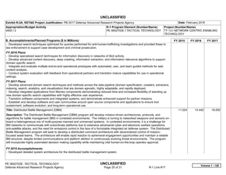 UNCLASSIFIED
PE 0602702E: TACTICAL TECHNOLOGY UNCLASSIFIED
Defense Advanced Research Projects Agency Page 25 of 31 R-1 Line #17
Exhibit R-2A, RDT&E Project Justification: PB 2017 Defense Advanced Research Projects Agency Date: February 2016
Appropriation/Budget Activity
0400 / 2
R-1 Program Element (Number/Name)
PE 0602702E / TACTICAL TECHNOLOGY
Project (Number/Name)
TT-13 / NETWORK CENTRIC ENABLING
TECHNOLOGY
B. Accomplishments/Planned Programs ($ in Millions) FY 2015 FY 2016 FY 2017
- Developed search techniques optimized for queries performed for anti-human-trafficking investigations and provided these to
law enforcement to support case development and criminal prosecution.
FY 2016 Plans:
- Develop specialized search techniques for information discovery in networks of illicit activity.
- Develop advanced content discovery, deep crawling, information extraction, and information relevance algorithms to support
domain specific search.
- Integrate and evaluate multiple end-to-end operational prototypes with automated, user, and team guided methods for web
content analysis.
- Conduct system evaluation with feedback from operational partners and transition mature capabilities for use in operational
settings.
FY 2017 Plans:
- Develop advanced domain search techniques and methods across the data pipeline (domain specification, crawlers, extractors,
indexing, search, analytics, and visualization) that are domain agnostic, highly adaptable, and rapidly deployed.
- Develop integrated applications from Memex components demonstrating reduced time and increased flexibility of standing up
new domain specific search capabilities with highly effective user experience.
- Transition software components and integrated systems, and demonstrate enhanced support for partner missions.
- Establish and develop software and user communities around open source components and applications to ensure tool
sustainment, software evolution, and long-term operational use.
Title: Distributed Battle Management (DBM)
Description: The Distributed Battle Management (DBM) program will develop mission-driven architectures, protocols, and
algorithms for battle management (BM) in contested environments. The military is turning to networked weapons and sensors on-
board a heterogeneous mix of multi-purpose manned and unmanned systems. In contested environments, it is a challenge for
BM networks to communicate with subordinate platforms due to extensive adversarial cyber and electronic warfare operations,
anti-satellite attacks, and the need for emissions control in the face of a formidable integrated air defense system. The Distributed
Battle Management program will seek to develop a distributed command architecture with decentralized control of mission-
focused asset teams. The architecture will enable rapid reaction to ephemeral engagement opportunities and maintain a reliable
BM structure, despite limited communications and platform attrition in continuously evolving threat environments. The program
will incorporate highly automated decision making capability while maintaining vital human-on-the-loop operator approval.
FY 2015 Accomplishments:
- Developed detailed system architecture for the distributed battle management system.
11.024 14.440 18.000
Volume 1 - 129
 