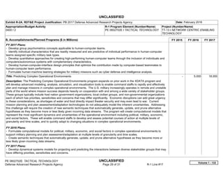 UNCLASSIFIED
PE 0602702E: TACTICAL TECHNOLOGY UNCLASSIFIED
Defense Advanced Research Projects Agency Page 29 of 31 R-1 Line #17
Exhibit R-2A, RDT&E Project Justification: PB 2017 Defense Advanced Research Projects Agency Date: February 2016
Appropriation/Budget Activity
0400 / 2
R-1 Program Element (Number/Name)
PE 0602702E / TACTICAL TECHNOLOGY
Project (Number/Name)
TT-13 / NETWORK CENTRIC ENABLING
TECHNOLOGY
B. Accomplishments/Planned Programs ($ in Millions) FY 2015 FY 2016 FY 2017
FY 2017 Plans:
- Develop group psychometrics concepts applicable to human-computer teams.
- Identify individual characteristics that are readily measured and are predictive of individual performance in human-computer
teams assigned specific military task types.
- Develop quantitative approaches for creating high-performing human-computer teams through the inclusion of individuals and
computers/autonomous systems with complementary characteristics.
- Develop human-computer-interface design principles that optimize the contribution made by computer-based teammates to
human-computer team performance.
- Formulate human-machine teaming strategies for military missions such as cyber defense and intelligence analysis.
Title: Predicting Complex Operational Environments
Description: The Predicting Complex Operational Environments program expands on prior work in the XDATA program and
will develop advanced modeling, analysis, simulation, and visualization tools to enable command staffs to rapidly and effectively
plan and manage missions in complex operational environments. The U.S. military increasingly operates in remote and unstable
parts of the world where mission success depends heavily on cooperation with and among a wide variety of stakeholder groups.
These groups typically include host nation government organizations, local civilian groups, and non-governmental organizations
each of which has priorities, sensitivities and concerns that may differ significantly. Economic disruptions can add great urgency
to these considerations, as shortages of water and food directly impact theater security and may even lead to war. Current
mission planning and plan assessment/adaptation technologies do not adequately model the inherent uncertainties. Addressing
this challenge will require the creation of new semantic techniques that automatically generate, update, and prune alternative
hypotheses as they become more or less likely given incoming data streams. The program will create computational models that
represent the most significant dynamics and uncertainties of the operational environment including political, military, economic,
and social factors. These will enable command staffs to develop and assess potential courses of action at multiple levels of
granularity and time scales, and to quickly adapt to changing situations in complex operational environments.
FY 2016 Plans:
- Formulate computational models for political, military, economic, and social factors in complex operational environments to
support military planning and plan assessment/adaptation at multiple levels of granularity and time scales.
- Create semantic techniques that automatically generate, update, and prune alternative hypotheses as they become more or
less likely given incoming data streams.
FY 2017 Plans:
- Develop dynamical systems models for projecting and predicting the interactions between diverse stakeholder groups that may
have differing priorities, sensitivities and concerns.
-   5.000 18.000
Volume 1 - 133
 