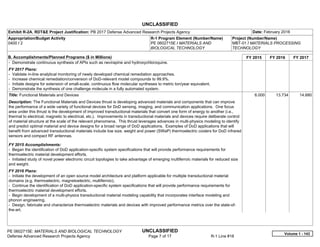 UNCLASSIFIED
PE 0602715E: MATERIALS AND BIOLOGICAL TECHNOLOGY UNCLASSIFIED
Defense Advanced Research Projects Agency Page 7 of 17 R-1 Line #18
Exhibit R-2A, RDT&E Project Justification: PB 2017 Defense Advanced Research Projects Agency Date: February 2016
Appropriation/Budget Activity
0400 / 2
R-1 Program Element (Number/Name)
PE 0602715E / MATERIALS AND
BIOLOGICAL TECHNOLOGY
Project (Number/Name)
MBT-01 / MATERIALS PROCESSING
TECHNOLOGY
B. Accomplishments/Planned Programs ($ in Millions) FY 2015 FY 2016 FY 2017
- Demonstrate continuous synthesis of APIs such as nevirapine and hydroxychloroquine.
FY 2017 Plans:
- Validate in-line analytical monitoring of newly developed chemical remediation approaches.
- Increase chemical remediation/conversion of DoD-relevant model compounds to 99.9%.
- Initiate designs for extension of small-scale, continuous flow molecular syntheses to metric ton/year equivalent.
- Demonstrate the synthesis of one challenge molecule in a fully automated system.
Title: Functional Materials and Devices
Description: The Functional Materials and Devices thrust is developing advanced materials and components that can improve
the performance of a wide variety of functional devices for DoD sensing, imaging, and communication applications. One focus
area under this thrust is the development of improved transductional materials that convert one form of energy to another (i.e.,
thermal to electrical, magnetic to electrical, etc.). Improvements in transductional materials and devices require deliberate control
of material structure at the scale of the relevant phenomena. This thrust leverages advances in multi-physics modeling to identify
and predict optimal material and device designs for a broad range of DoD applications. Examples of DoD applications that will
benefit from advanced transductional materials include low size, weight and power (SWaP) thermoelectric coolers for DoD infrared
sensors and compact RF antennas.
FY 2015 Accomplishments:
- Began the identification of DoD application-specific system specifications that will provide performance requirements for
thermoelectric material development efforts.
- Initiated study of novel power electronic circuit topologies to take advantage of emerging multiferroic materials for reduced size
and weight.
FY 2016 Plans:
- Initiate the development of an open source model architecture and platform applicable for multiple transductional material
domains (e.g. thermoelectric, magnetoelectric, multiferroic).
- Continue the identification of DoD application-specific system specifications that will provide performance requirements for
thermoelectric material development efforts.
- Begin development of a multi-physics transductional material modeling capability that incorporates interface modeling and
phonon engineering.
- Design, fabricate and characterize thermoelectric materials and devices with improved performance metrics over the state-of-
the-art.
6.000 13.734 14.680
Volume 1 - 143
 