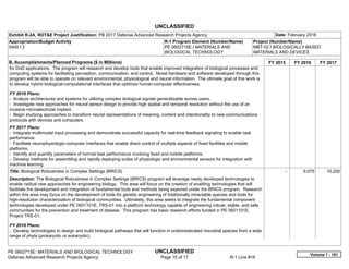 UNCLASSIFIED
PE 0602715E: MATERIALS AND BIOLOGICAL TECHNOLOGY UNCLASSIFIED
Defense Advanced Research Projects Agency Page 15 of 17 R-1 Line #18
Exhibit R-2A, RDT&E Project Justification: PB 2017 Defense Advanced Research Projects Agency Date: February 2016
Appropriation/Budget Activity
0400 / 2
R-1 Program Element (Number/Name)
PE 0602715E / MATERIALS AND
BIOLOGICAL TECHNOLOGY
Project (Number/Name)
MBT-02 / BIOLOGICALLY BASED
MATERIALS AND DEVICES
B. Accomplishments/Planned Programs ($ in Millions) FY 2015 FY 2016 FY 2017
for DoD applications. The program will research and develop tools that enable improved integration of biological processes and
computing systems for facilitating perception, communication, and control. Novel hardware and software developed through this
program will be able to operate on relevant environmental, physiological and neural information. The ultimate goal of this work is
to develop hybrid biological-computational interfaces that optimize human-computer effectiveness.
FY 2016 Plans:
- Analyze architectures and systems for utilizing complex biological signals generalizable across users.
- Investigate new approaches for neural sensor design to provide high spatial and temporal resolution without the use of an
invasive microelectrode implant.
- Begin studying approaches to transform neural representations of meaning, content and intentionality to new communications
protocols with devices and computers.
FY 2017 Plans:
- Integrate multimodal input processing and demonstrate successful capacity for real-time feedback signaling to enable task
performance.
- Facilitate neurophysiologic-computer interfaces that enable direct control of multiple aspects of fixed facilities and mobile
platforms.
- Identify and quantify parameters of normal task performance involving fixed and mobile platforms.
- Develop methods for assembling and rapidly deploying suites of physiologic and environmental sensors for integration with
machine learning.
Title: Biological Robustness in Complex Settings (BRICS)
Description: The Biological Robustness in Complex Settings (BRICS) program will leverage newly developed technologies to
enable radical new approaches for engineering biology. This area will focus on the creation of enabling technologies that will
facilitate the development and integration of fundamental tools and methods being explored under the BRICS program. Research
within this area may focus on the development of tools for genetic engineering of traditionally intractable species and tools for
high-resolution characterization of biological communities. Ultimately, this area seeks to integrate the fundamental component
technologies developed under PE 0601101E, TRS-01 into a platform technology capable of engineering robust, stable, and safe
communities for the prevention and treatment of disease. This program has basic research efforts funded in PE 0601101E,
Project TRS-01.
FY 2016 Plans:
- Develop technologies to design and build biological pathways that will function in undomesticated microbial species from a wide
range of phyla (prokaryotic or eukaryotic).
-   9.075 10.200
Volume 1 - 151
 