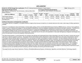 UNCLASSIFIED
PE 0602716E: ELECTRONICS TECHNOLOGY UNCLASSIFIED
Defense Advanced Research Projects Agency Page 1 of 25 R-1 Line #19
Exhibit R-2, RDT&E Budget Item Justification: PB 2017 Defense Advanced Research Projects Agency Date: February 2016
Appropriation/Budget Activity
0400: Research, Development, Test & Evaluation, Defense-Wide / BA 2:
Applied Research
R-1 Program Element (Number/Name)
PE 0602716E / ELECTRONICS TECHNOLOGY
COST ($ in Millions)
Prior
Years FY 2015 FY 2016
FY 2017
Base
FY 2017
OCO
FY 2017
Total FY 2018 FY 2019 FY 2020 FY 2021
Cost To
Complete
Total
Cost
Total Program Element -   169.690 174.798 221.911 -   221.911 234.424 236.582 233.270 245.370   -      -   
ELT-01: ELECTRONICS
TECHNOLOGY
-   169.690 174.798 221.911 -   221.911 234.424 236.582 233.270 245.370   -      -   
A. Mission Description and Budget Item Justification
This program element is budgeted in the Applied Research budget activity because its objective is to develop electronics that make a wide range of military applications
possible.
Advances in microelectronic device technologies, including digital, analog, photonic and MicroElectroMechanical Systems (MEMS) devices, continue to have significant
impact in support of defense technologies for improved weapons effectiveness, improved intelligence capabilities and enhanced information superiority. The Electronics
Technology program element supports the continued advancement of these technologies through the development of performance driven advanced capabilities,
exceeding that available through commercial sources, in electronic, optoelectronic and MEMS devices, semiconductor device design and fabrication techniques, and
new materials and material structures for device applications. A particular focus for this work is the exploitation of chip-scale heterogeneous integration technologies that
permit the optimization of device and integrated module performance.
The phenomenal progress in current electronics and computer chips will face the fundamental limits of silicon technology in the early 21st century, a barrier that must be
overcome in order for progress to continue. The program element will therefore explore alternatives to silicon-based electronics in the areas of new electronic devices.
The program element will also explore new architectures to use devices of all types, new software to program the systems, and new methods to fabricate the chips.
Approaches include nanotechnology, nanoelectronics, molecular electronics, spin-based electronics, quantum-computing, new circuit architectures optimizing these new
devices, and new computer and electronic systems architectures. Projects will investigate the feasibility, design, and development of powerful information technology
devices and systems using approaches for electronic device designs that extend beyond traditional Complementary Metal Oxide Semiconductor (CMOS) scaling,
including non-silicon-based materials technologies to achieve low cost, reliable, fast and secure computing, communication, and storage systems. This investigation
is aimed at developing new capabilities from promising directions in the design of information processing components using both inorganic and organic substrates,
designs of components and systems leveraging quantum effects and chaos, and innovative approaches to computing designs incorporating these components for such
applications as low cost seamless pervasive computing, ultra-fast computing, and sensing and actuation devices.
This project has five major thrusts: Electronics, Photonics, MicroElectroMechanical Systems, Architectures, Algorithms, and other Electronic Technology research.
Volume 1 - 155
 