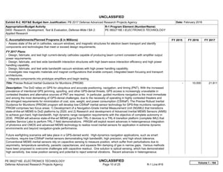UNCLASSIFIED
PE 0602716E: ELECTRONICS TECHNOLOGY UNCLASSIFIED
Defense Advanced Research Projects Agency Page 10 of 25 R-1 Line #19
Exhibit R-2, RDT&E Budget Item Justification: PB 2017 Defense Advanced Research Projects Agency Date: February 2016
Appropriation/Budget Activity
0400: Research, Development, Test & Evaluation, Defense-Wide / BA 2:
Applied Research
R-1 Program Element (Number/Name)
PE 0602716E / ELECTRONICS TECHNOLOGY
C. Accomplishments/Planned Programs ($ in Millions) FY 2015 FY 2016 FY 2017
- Assess state of the art in cathodes, vacuum windows, and magnetic structures for electron beam transport and identify
components and technologies that meet or exceed design requirements.
FY 2017 Plans:
- Design, fabricate, and test high current-density cathodes capable of producing beam current consistent with amplifier output
power requirements.
- Design, fabricate, and test wide bandwidth interaction structures with high beam-wave interaction efficiency and high power
handling capability.
- Design, fabricate, and test wide bandwidth vacuum windows with high power handling capability.
- Investigate new magnetic materials and magnet configurations that enable compact, integrated beam focusing and transport
architectures.
- Integrate components into prototype amplifiers and begin testing.
Title: Precise Robust Inertial Guidance for Munitions (PRIGM)
Description: The DoD relies on GPS for ubiquitous and accurate positioning, navigation, and timing (PNT). With the increased
prevalence of intentional GPS jamming, spoofing, and other GPS-denial threats, GPS access is increasingly unavailable in
contested theaters and alternative sources of PNT are required. In particular, guided munitions navigation is the most immediate
and among the most demanding of GPS-denial challenges, due to the necessity of operating in highly contested theaters and
the stringent requirements for minimization of cost, size, weight, and power consumption (CSWaP). The Precise Robust Inertial
Guidance for Munitions (PRIGM) program will develop low-CSWaP inertial sensor technology for GPS-free munitions navigation.
PRIGM comprises two focus areas: 1) Development of a Navigation-Grade Inertial Measurement Unit (NGIMU) that transitions
state-of-the-art MEMS to DoD platforms by 2020; and 2) Research and development of Advanced Inertial MEMS Sensors (AIMS)
to achieve gun-hard, high-bandwidth, high dynamic range navigation requirements with the objective of complete autonomy in
2030. PRIGM will advance state-of-the-art MEMS gyros from TRL-3 devices to a TRL-6 transition platform (complete IMU) that
enables Service Labs to perform TRL-7 field demonstrations. PRIGM will exploit recent advances in heterogeneous integration
of photonics and CMOS and advanced MEMS technology to realize novel inertial sensors for application in extreme dynamic
environments and beyond navigation-grade performance.
Future warfighting scenarios will take place in a GPS-denied world. High-dynamics navigation applications, such as smart
munitions, require low-CSWaP inertial sensors demonstrating high bandwidth, high precision, and high shock tolerance.
Conventional MEMS inertial sensors rely on capacitive sensing to measure position, which suffer from perturbations due to
asymmetry, temperature sensitivity, parasitic capacitances, and squeeze film damping of gas in narrow gaps. Various methods
have been proposed to overcome challenges with capacitive readout. One solution is optical sensing, which has demonstrated
high sensitivity, low noise position sensing and potential to reject external vibrations. Recent advances in heterogeneous
-   10.000 21.911
Volume 1 - 164
 
