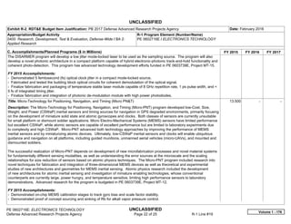 UNCLASSIFIED
PE 0602716E: ELECTRONICS TECHNOLOGY UNCLASSIFIED
Defense Advanced Research Projects Agency Page 22 of 25 R-1 Line #19
Exhibit R-2, RDT&E Budget Item Justification: PB 2017 Defense Advanced Research Projects Agency Date: February 2016
Appropriation/Budget Activity
0400: Research, Development, Test & Evaluation, Defense-Wide / BA 2:
Applied Research
R-1 Program Element (Number/Name)
PE 0602716E / ELECTRONICS TECHNOLOGY
C. Accomplishments/Planned Programs ($ in Millions) FY 2015 FY 2016 FY 2017
The DISARMER program will develop a low jitter mode-locked laser to be used as the sampling source. The program will also
develop a novel photonic architecture in a compact platform capable of hybrid electronic-photonic track-and-hold functionality and
coherent photo-detection. This program has advanced technology development efforts funded in PE 0603739E, Project MT-15.
FY 2015 Accomplishments:
- Demonstrated 5 femtosecond (fs) optical clock jitter in a compact mode-locked source.
- Fabricated and tested the building block optical circuits for coherent demodulation of the optical signal.
- Finalize fabrication and packaging of temperature stable laser module capable of 8 GHz repetition rate, 1 ps pulse width, and <
5 fs of integrated timing jitter.
- Finalize fabrication and integration of photonic de-modulation module with high power photodiodes.
Title: Micro-Technology for Positioning, Navigation, and Timing (Micro PN&T)
Description: The Micro-Technology for Positioning, Navigation, and Timing (Micro-PNT) program developed low-Cost, Size,
Weight, and Power (CSWaP) inertial sensors and timing sources for navigation in GPS degraded environments, primarily focusing
on the development of miniature solid state and atomic gyroscopes and clocks. Both classes of sensors are currently unsuitable
for small platform or dismount soldier applications. Micro Electro-Mechanical Systems (MEMS) sensors have limited performance
but excellent CSWaP, while atomic sensors are capable of excellent performance but are limited to laboratory experiments due
to complexity and high CSWaP. Micro-PNT advanced both technology approaches by improving the performance of MEMS
inertial sensors and by miniaturizing atomic devices. Ultimately, low-CSWaP inertial sensors and clocks will enable ubiquitous
guidance and navigation on all platforms, including guided munitions, unmanned aerial vehicles (micro-UAVs), and mounted and
dismounted soldiers.
The successful realization of Micro-PNT depends on development of new microfabrication processes and novel material systems
for fundamentally different sensing modalities, as well as understanding the error sources at the microscale and the scaling
relationships for size reduction of sensors based on atomic physics techniques. The Micro-PNT program included research into
novel techniques for fabrication and integration of three-dimensional MEMS devices as well as theoretical and experimental
studies of new architectures and geometries for MEMS inertial sensing. Atomic physics research included the development
of new architectures for atomic inertial sensing and investigation of miniature enabling technologies, whose conventional
counterparts are currently large, power hungry, and temperature sensitive, limiting high performance sensors to laboratory
demonstrations. Advanced research for the program is budgeted in PE 0603739E, Project MT-12.
FY 2015 Accomplishments:
- Demonstrated on-chip MEMS calibration stages to track gyro bias and scale factor stability.
- Demonstrated proof of concept sourcing and sinking of Rb for alkali vapor pressure control.
13.500 -   -  
Volume 1 - 176
 