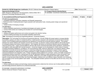 UNCLASSIFIED
PE 0603286E: ADVANCED AEROSPACE SYSTEMS UNCLASSIFIED
Defense Advanced Research Projects Agency Page 7 of 20 R-1 Line #36
Exhibit R-2, RDT&E Budget Item Justification: PB 2017 Defense Advanced Research Projects Agency Date: February 2016
Appropriation/Budget Activity
0400: Research, Development, Test & Evaluation, Defense-Wide / BA 3:
Advanced Technology Development (ATD)
R-1 Program Element (Number/Name)
PE 0603286E / ADVANCED AEROSPACE SYSTEMS
C. Accomplishments/Planned Programs ($ in Millions) FY 2015 FY 2016 FY 2017
FY 2015 Accomplishments:
- Completed hypersonic propulsion integration and flowpath assessments.
- Performed study of rotating detonation engine operation with hydrocarbon fuels, including system design and operational
concepts.
- Initiated studies of emerging concepts.
FY 2016 Plans:
- Perform feasibility experiments of candidate technologies and system concepts.
- Conduct trade studies and modeling and simulation for novel technologies.
FY 2017 Plans:
- Validate sub-system performance and conduct sub-system risk reduction testing.
- Conduct enabling technology and sub-system feasibility experiments.
Title: Technology for Enriching and Augmenting Manned - Unmanned Systems
Description: The Technology for Enriching and Augmenting Manned - Aircraft (TEAM-US) project seeks to increase lethality,
survivability, payload, and reach of combat aircraft by: (i) teaming them (wingmen) with advanced Unmanned Aerial Vehicles
(UAVs), and (ii) enabling swarming employment and operations of manned and unmanned airborne systems. The synergy
between the mission tailored UAV wingmen and the less survivable, but decision making manned platforms will provide access
to contested airspace and enhance force projection. UAV wingmen will reduce air dominance lifecycle costs by dramatically
reducing training costs. Legacy manned platforms will train with virtual unmanned teammates saving operations, maintenance,
and logistics costs associated with manned wingmen. Unmanned wingmen can be developed for a wide variety of missions
including penetrating intelligence, surveillance, and reconnaissance (ISR), electronic attack (EA), and weapons delivery. Mixed
operations of manned and unmanned systems in a swarming configuration can be developed to support missions against
networked-integrated air defenses and to support operations in highly contested environments. A common core will enable
reduced development and integration costs. Finally, leveraging existing platforms for command, control, and battle management
recapitalizes existing investments, making these 4th and 5th generation platforms viable participants in future anti-access, area
denial scenarios where they may have limited survivability. Balancing in situ battle management with highly capable, mission
specific unmanned teammates will offset new threat technologies, enabling more cost effective mission execution, and increasing
the survivability of the manned platform team leader. The anticipated transition partners for this effort are the Air Force, Army, and
Marine Corps.
FY 2016 Plans:
- Perform operational analysis and technology maturity assessments to determine the minimum set of critical platform attributes
and technology advances required of an unmanned teammate.
-   9.588 -  
Volume 1 - 187
 