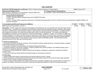 UNCLASSIFIED
PE 0603287E: SPACE PROGRAMS AND TECHNOLOGY UNCLASSIFIED
Defense Advanced Research Projects Agency Page 2 of 19 R-1 Line #37
Exhibit R-2, RDT&E Budget Item Justification: PB 2017 Defense Advanced Research Projects Agency Date: February 2016
Appropriation/Budget Activity
0400: Research, Development, Test & Evaluation, Defense-Wide / BA 3:
Advanced Technology Development (ATD)
R-1 Program Element (Number/Name)
PE 0603287E / SPACE PROGRAMS AND TECHNOLOGY
Change Summary Explanation
FY 2015: Decrease reflects reprogrammings and the SBIR/STTR transfer.
FY 2016: N/A
FY 2017: Increase reflects expanded requirements in the Experimental Spaceplane One (XS-1), Robotic Servicing of Geostationary Satellites (RSGS), and
Radar Net programs.
C. Accomplishments/Planned Programs ($ in Millions) FY 2015 FY 2016 FY 2017
Title: Experimental Spaceplane One (XS-1)
Description: The XS-1 program will mature the technologies and operations for low cost, persistent and responsive space access
and global reach. Past efforts have identified and demonstrated critical enabling technologies including composite or light weight
structures, propellant tanks, thermal protection systems, rocket propulsion and advanced avionics/software. A critically important
technology gap is integration into a flight demonstration able to deliver aircraft-like operability. The program will validate key
technologies on the ground, and then fabricate an X-Plane to demonstrate: 1) 10 flights in 10 days, 2) up to Mach 10+ flight, and
3) design capable of a 10X lower cost space access for cargos from 3,000-5,000 lbs to low earth orbit. A key goal is validating the
critical technologies for a wide range of next generation high speed aircraft enabling new military capabilities including worldwide
reconnaissance, global transport, small responsive space access aircraft and affordable spacelift. The anticipated transition
partners are the Air Force, Navy and commercial sector.
FY 2015 Accomplishments:
- Conducted risk reduction studies for propulsion, thermal protection systems, guidance/avionics, composite materials, propellant
tanks and space based communications.
- Conducted a mid-phase Conceptual Design and Systems Requirements Review.
- Conducted component, wind tunnel, propulsion, cryogenic propellant tank, thermal protection, aero-elasticity testing, ground
operations and subsystem testing and verification.
- Continued to develop detailed XS-1 designs including mass properties, configuration, aerodynamic, trajectory and thermal
protection data.
- Conducted a Preliminary Design Review and selected design for technology risk reduction.
FY 2016 Plans:
- Develop detailed finite element model structural and thermal analysis for the XS-1 design.
- Perform aerodynamic Computational Fluid Dynamics analysis and initiate hypersonic wind tunnel and upper stage separation
testing for the XS-1 design to verify aerodynamic models.
- Conduct component demonstration and validation ground tests for cryogenic propellant tanks, thermal protection, wing tip aero-
elasticity, and additive manufacture of propulsion components and flight demonstrations for take-off and landing operations.
25.000 30.000 50.500
Volume 1 - 202
 