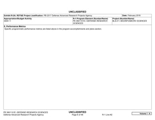 UNCLASSIFIED
PE 0601101E: DEFENSE RESEARCH SCIENCES UNCLASSIFIED
Defense Advanced Research Projects Agency Page 6 of 48 R-1 Line #2
Exhibit R-2A, RDT&E Project Justification: PB 2017 Defense Advanced Research Projects Agency Date: February 2016
Appropriation/Budget Activity
0400 / 1
R-1 Program Element (Number/Name)
PE 0601101E / DEFENSE RESEARCH
SCIENCES
Project (Number/Name)
BLS-01 / BIO/INFO/MICRO SCIENCES
E. Performance Metrics
Specific programmatic performance metrics are listed above in the program accomplishments and plans section.
Volume 1 - 6
 