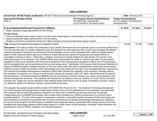UNCLASSIFIED
PE 0603739E: ADVANCED ELECTRONICS TECHNOLOGIES UNCLASSIFIED
Defense Advanced Research Projects Agency Page 9 of 20 R-1 Line #55
Exhibit R-2A, RDT&E Project Justification: PB 2017 Defense Advanced Research Projects Agency Date: February 2016
Appropriation/Budget Activity
0400 / 3
R-1 Program Element (Number/Name)
PE 0603739E / ADVANCED
ELECTRONICS TECHNOLOGIES
Project (Number/Name)
MT-15 / MIXED TECHNOLOGY
INTEGRATION
B. Accomplishments/Planned Programs ($ in Millions) FY 2015 FY 2016 FY 2017
- Obtain necessary range approvals for live-fire testing.
FY 2017 Plans:
- Test the brassboard laser weapon system at outdoor test ranges against a representative set of static and live-fire threat targets.
- Assess brassboard system performance in live-fire testing.
- Develop a preliminary engineering design for a flight-prototype of a pod-mounted laser weapon system.
Title: Diverse & Accessible Heterogeneous Integration (DAHI)
Description: The scaling of silicon (Si) transistors to ever smaller dimensions has led to dramatic gains in processor performance
over the past fifty years. In parallel, integrated circuit (IC) designers for radio frequency (RF) circuits have leveraged the different
material properties of compound semiconductor (CS) technologies such as indium phosphide (InP), gallium arsenide (GaAs),
gallium nitride (GaN) and silicon-germanium (SiGe) to enable devices that operate at frequencies and powers difficult or
impossible to achieve in Silicon. Historically, a designer would have to decide between the high density of Si circuits or the
high performance of CS materials. Prior DARPA efforts have demonstrated the ability to achieve near-ideal "mix-and-match"
capability for DoD circuit designers with limited demonstrations of the heterogeneous integration of silicon and InP technologies
that far exceeded what can be accomplished with one technology alone. Specifically, the Compound Semiconductor Materials On
Silicon (COSMOS) program enabled transistors of InP to be freely mixed with silicon complementary metal-oxide semiconductor
(CMOS) circuits to obtain the benefits of both technologies (very high speed and very high circuit complexity/density, respectively).
The Diverse & Accessible Heterogeneous Integration (DAHI) effort will take this capability to the next level, ultimately offering
the seamless co-integration of a variety of semiconductor devices (for example, GaN, InP, GaAs, antimonide based Compound
Semiconductors), microelectromechanical (MEMS) sensors and actuators, photonic devices (e.g., lasers, photo-detectors) and
thermal management structures. This capability will revolutionize our ability to build true "systems on a chip" (SoCs) and allow
dramatic size, weight and volume reductions while enabling higher performance such as power, bandwidth or dynamic range in
our electronic systems for electronic warfare, communications and radar.
This program has applied research efforts funded in PE 0602716E, Project ELT-01. The Advanced Technology Development
part of this program will leverage these complementary efforts to focus on the establishment of an accessible, manufacturable
technology for device-level heterogeneous integration of a wide array of materials and devices (including, for example,
multiple electronics and MEMS technologies) with complex silicon-enabled (e.g. CMOS) architectures on a common silicon
substrate platform. This part of the program is expected to culminate in accessible foundry processes of DAHI technology and
demonstrations of advanced microsystems with innovative architectures and designs that leverage heterogeneous integration.
By the end of the program, this effort seeks to establish a technologically mature, sustainable DAHI foundry service to be made
available (with appropriate computer-aided design support) to a wide variety of DoD laboratory, Federally Funded Research and
Development Center (FFRDC), academic and industrial designers.
15.496 15.335 6.000
Volume 1 - 229
 
