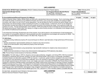 UNCLASSIFIED
PE 0603739E: ADVANCED ELECTRONICS TECHNOLOGIES UNCLASSIFIED
Defense Advanced Research Projects Agency Page 12 of 20 R-1 Line #55
Exhibit R-2A, RDT&E Project Justification: PB 2017 Defense Advanced Research Projects Agency Date: February 2016
Appropriation/Budget Activity
0400 / 3
R-1 Program Element (Number/Name)
PE 0603739E / ADVANCED
ELECTRONICS TECHNOLOGIES
Project (Number/Name)
MT-15 / MIXED TECHNOLOGY
INTEGRATION
B. Accomplishments/Planned Programs ($ in Millions) FY 2015 FY 2016 FY 2017
Gallium Arsenide (GaAs), Gallium Nitride (GaN) and SiGe with a standardized interconnect topology. Such a technology platform
will enable the design of individual circuit Intellectual Property (IP) blocks, such as low-noise amplifiers and analog-to-digital
converters, with a goal of re-use of the IP across applications. Re-use will allow the DoD to amortize the upfront design cost of
these blocks over several designs instead of leveling the burden on a single program. Furthermore, the IP can be designed in
the fabrication process best suited for the performance goals and evolve more quickly than larger, more expensive single chip
systems-on-a-chip. Through standardization of the interface, CHIPS will enable the DoD to leverage the advancements driven by
the global semiconductor market rather than relying on a single on-shore foundry provider or on proprietary circuit designs owned
by a handful of traditional prime performers.
In the Advanced Technology Development part of this program, focus will be placed on the development of rapid development
and insertion of microsystems utilizing III-V semiconductors and other microelectronic technologies with advanced Si CMOS. This
program has Applied Research efforts funded in PE 0602716E, Project ELT-01.
FY 2016 Plans:
- Investigate analog intellectual property (IP) reuse techniques for efficient, rapid fabrication of high-performance RF/microwave
circuits.
- Develop standardized, high-bandwidth interfaces for chiplet-to-chip interconnection.
- Initiate circuit demonstration using intellectual property reuse techniques.
FY 2017 Plans:
- Conduct system demonstrations using standardized, high-bandwidth interfaces for chiplet-to-chip interconnection of
heterogeneous IP.
- Initiate circuit demonstrations of chip-to-chip interconnects for heterogeneous IP RF electronic chip stacks.
Title: Precise Robust Inertial Guidance for Munitions (PRIGM)
Description: The DoD relies on GPS for ubiquitous and accurate positioning, navigation, and timing (PNT). With the increased
prevalence of intentional GPS jamming, spoofing, and other GPS-denial threats, GPS access is increasingly unavailable in
contested theaters and alternative sources of PNT are required. In particular, guided munitions navigation is the most immediate
and among the most demanding of GPS-denial challenges, due to the necessity of operating in highly contested theaters and
the stringent requirements for minimization of cost, size, weight, and power consumption (CSWaP). The Precise Robust Inertial
Guidance for Munitions (PRIGM) program will develop low-CSWaP inertial sensor technology for GPS-free munitions navigation.
PRIGM comprises two focus areas: 1) Development of a Navigation-Grade Inertial Measurement Unit (NGIMU) that transitions
state-of-the-art MEMS to DoD platforms by 2020; and 2) Research and development of Advanced Inertial MEMS Sensors (AIMS)
to achieve gun-hard, high-bandwidth, high dynamic range navigation requirements with the objective of complete autonomy in
2030. PRIGM will advance state-of-the-art MEMS gyros from TRL-3 devices to a TRL-6 transition platform (complete IMU) that
-   13.000 10.500
Volume 1 - 232
 