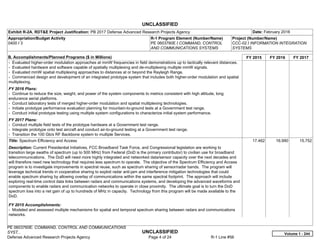 UNCLASSIFIED
PE 0603760E: COMMAND, CONTROL AND COMMUNICATIONS
SYST... UNCLASSIFIED
Defense Advanced Research Projects Agency Page 4 of 24 R-1 Line #56
Exhibit R-2A, RDT&E Project Justification: PB 2017 Defense Advanced Research Projects Agency Date: February 2016
Appropriation/Budget Activity
0400 / 3
R-1 Program Element (Number/Name)
PE 0603760E / COMMAND, CONTROL
AND COMMUNICATIONS SYSTEMS
Project (Number/Name)
CCC-02 / INFORMATION INTEGRATION
SYSTEMS
B. Accomplishments/Planned Programs ($ in Millions) FY 2015 FY 2016 FY 2017
- Evaluated higher-order modulation approaches at mmW frequencies in field demonstrations up to tactically relevant distances.
- Evaluated hardware and software capable of spatially multiplexing and de-multiplexing multiple mmW signals.
- Evaluated mmW spatial multiplexing approaches to distances at or beyond the Rayleigh Range.
- Commenced design and development of an integrated prototype system that includes both higher-order modulation and spatial
multiplexing.
FY 2016 Plans:
- Continue to reduce the size, weight, and power of the system components to metrics consistent with high altitude, long
endurance aerial platforms.
- Conduct laboratory tests of merged higher-order modulation and spatial multiplexing technologies.
- Initiate prototype performance evaluation planning for mountain-to-ground tests at a Government test range.
- Conduct initial prototype testing using multiple system configurations to characterize initial system performance.
FY 2017 Plans:
- Conduct multiple field tests of the prototype hardware at a Government test range.
- Integrate prototype onto test aircraft and conduct air-to-ground testing at a Government test range.
- Transition the 100 Gb/s RF Backbone system to multiple Services.
Title: Spectrum Efficiency and Access
Description: Current Presidential Initiatives, FCC Broadband Task Force, and Congressional legislation are working to
transition large swaths of spectrum (up to 500 MHz) from Federal (DoD is the primary contributor) to civilian use for broadband
telecommunications. The DoD will need more highly integrated and networked data/sensor capacity over the next decades and
will therefore need new technology that requires less spectrum to operate. The objective of the Spectrum Efficiency and Access
program is to investigate improvements in spectral reuse, such as spectrum sharing of sensor/radar bands. The program will
leverage technical trends in cooperative sharing to exploit radar anti-jam and interference mitigation technologies that could
enable spectrum sharing by allowing overlay of communications within the same spectral footprint. The approach will include
exploring real-time control data links between radars and communications systems, and developing the advanced waveforms and
components to enable radars and communication networks to operate in close proximity. The ultimate goal is to turn the DoD
spectrum loss into a net gain of up to hundreds of MHz in capacity. Technology from this program will be made available to the
DoD.
FY 2015 Accomplishments:
- Modeled and assessed multiple mechanisms for spatial and temporal spectrum sharing between radars and communications
networks.
17.462 16.990 15.752
Volume 1 - 244
 