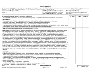 UNCLASSIFIED
PE 0603760E: COMMAND, CONTROL AND COMMUNICATIONS
SYST... UNCLASSIFIED
Defense Advanced Research Projects Agency Page 11 of 24 R-1 Line #56
Exhibit R-2A, RDT&E Project Justification: PB 2017 Defense Advanced Research Projects Agency Date: February 2016
Appropriation/Budget Activity
0400 / 3
R-1 Program Element (Number/Name)
PE 0603760E / COMMAND, CONTROL
AND COMMUNICATIONS SYSTEMS
Project (Number/Name)
CCC-02 / INFORMATION INTEGRATION
SYSTEMS
B. Accomplishments/Planned Programs ($ in Millions) FY 2015 FY 2016 FY 2017
- Quantified the performance impact of network misconfiguration in simulations of networks in contested environments.
FY 2016 Plans:
- Increase severity of attacks on prototype system and continue to test resilience in laboratory environment.
- Complete integration of candidate algorithms and protocols to prepare for field experiments.
- Test resilience of prototype capabilities against advanced attacks in a field environment.
- Refine protection mechanisms based on test findings and begin development of systems for transition to military tactical radios.
- Integrate with military tactical radios and quantify the performance impact through experiments.
Title: Computational Leverage Against Surveillance Systems (CLASS)
Description: Commercial Test and Measurement equipment has advanced greatly with the emergence of sophisticated cellular
and wireless local area network technology and can be used to intercept, analyze, and exploit our military communications
signals. The Computational Leverage Against Surveillance Systems (CLASS) program worked to expand Low Probability
of Detection/Anti-Jam (LPD)/(AJ) technologies, sought new ways to protect our signals from exploitation by increasingly
sophisticated adversaries in ways that can be maintained as commercial technology advances. Three different techniques were
developed: 1) Waveform Complexity uses advanced communications waveforms that are difficult to recover without knowledge
and understanding of the signals itself; 2) Spatial Diversity uses distributed communications devices and the communication
environment to disguise and dynamically vary the apparent location of the signal; and 3) Interference Exploitation makes use of
the clutter in the signal environment to make it difficult for an adversary to isolate a particular signal. The program's objective
was to make modular communications technology that was inexpensive to incorporate in existing and emerging radio systems (<
$100 incremental cost) but pushed adversaries to need more than 1,000x our processing power - supercomputer-level processing
power. Another track of the program extended the CLASS technology to provide LPD communications. These techniques
drastically reduced the detectability of communications signals beyond current capabilities. Scalable performance allowed LPD
techniques to better trade information rate for communications capacity. Technologies from this program will transition to the
Services.
FY 2015 Accomplishments:
- Developed concepts for integrating CLASS technologies with aircraft antennas and communications equipment.
- Measured CLASS modem performance processing power, power consumption, and radio waveform interoperability.
- Integrated CLASS modular technology with host processor.
- Demonstrated CLASS communication capability with and without interference against Army threat intercept surrogates.
- Measured CLASS modem transmit power reduction as number of cooperative transmitters was increased from 1 transmitter to
multiple transmitters.
- Conducted field tests of integrated CLASS system.
- Analyzed field test data and compared achieved performance to program metrics.
24.600 -   -  
Volume 1 - 251
 
