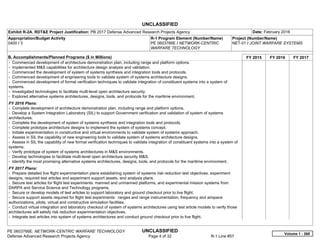 UNCLASSIFIED
PE 0603766E: NETWORK-CENTRIC WARFARE TECHNOLOGY UNCLASSIFIED
Defense Advanced Research Projects Agency Page 4 of 32 R-1 Line #57
Exhibit R-2A, RDT&E Project Justification: PB 2017 Defense Advanced Research Projects Agency Date: February 2016
Appropriation/Budget Activity
0400 / 3
R-1 Program Element (Number/Name)
PE 0603766E / NETWORK-CENTRIC
WARFARE TECHNOLOGY
Project (Number/Name)
NET-01 / JOINT WARFARE SYSTEMS
B. Accomplishments/Planned Programs ($ in Millions) FY 2015 FY 2016 FY 2017
- Commenced development of architecture demonstration plan, including range and platform options.
- Implemented M&S capabilities for architecture design analysis and validation.
- Commenced the development of system of systems synthesis and integration tools and protocols.
- Commenced development of engineering tools to validate system of systems architecture designs.
- Commenced development of formal verification techniques to validate integration of constituent systems into a system of
systems.
- Investigated technologies to facilitate multi-level open architecture security.
- Explored alternative systems architectures, designs, tools, and protocols for the maritime environment.
FY 2016 Plans:
- Complete development of architecture demonstration plan, including range and platform options.
- Develop a System Integration Laboratory (SIL) to support Government verification and validation of system of systems
architectures.
- Complete the development of system of systems synthesis and integration tools and protocols.
- Complete prototype architecture designs to implement the system of systems concept.
- Initiate experimentation in constructive and virtual environments to validate system of systems approach.
- Assess in SIL the capability of new engineering tools to validate system of systems architecture designs.
- Assess in SIL the capability of new formal verification techniques to validate integration of constituent systems into a system of
systems.
- Verify prototype of system of systems architectures in M&S environments.
- Develop technologies to facilitate multi-level open architecture security M&S.
- Identify the most promising alternative systems architectures, designs, tools, and protocols for the maritime environment.
FY 2017 Plans:
- Prepare detailed live flight experimentation plans establishing system of systems risk reduction test objectives, experiment
designs, required test articles and experiment support assets, and analysis plans.
- Secure test articles for flight test experiments: manned and unmanned platforms, and experimental mission systems from
DARPA and Service Science and Technology programs.
- Secure or develop models of test articles to support laboratory and ground checkout prior to live flight.
- Secure support assets required for flight test experiments: ranges and range instrumentation, frequency and airspace
authorizations, pilots, virtual and constructive simulation facilities.
- Conduct virtual integration and laboratory checkout of system of systems architectures using test article models to verify those
architectures will satisfy risk reduction experimentation objectives.
- Integrate test articles into system of systems architectures and conduct ground checkout prior to live flight.
Volume 1 - 268
 