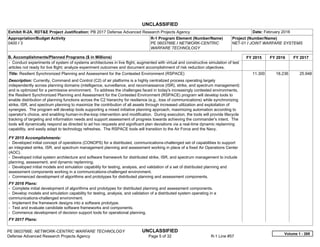 UNCLASSIFIED
PE 0603766E: NETWORK-CENTRIC WARFARE TECHNOLOGY UNCLASSIFIED
Defense Advanced Research Projects Agency Page 5 of 32 R-1 Line #57
Exhibit R-2A, RDT&E Project Justification: PB 2017 Defense Advanced Research Projects Agency Date: February 2016
Appropriation/Budget Activity
0400 / 3
R-1 Program Element (Number/Name)
PE 0603766E / NETWORK-CENTRIC
WARFARE TECHNOLOGY
Project (Number/Name)
NET-01 / JOINT WARFARE SYSTEMS
B. Accomplishments/Planned Programs ($ in Millions) FY 2015 FY 2016 FY 2017
- Conduct experiments of system of systems architectures in live flight, augmented with virtual and constructive simulation of test
articles not ready for live flight; analyze experiment outcomes and document accomplishment of risk reduction objectives.
Title: Resilient Synchronized Planning and Assessment for the Contested Environment (RSPACE)
Description: Currently, Command and Control (C2) of air platforms is a highly centralized process operating largely
independently across planning domains (intelligence, surveillance, and reconnaissance (ISR), strike, and spectrum management)
and is optimized for a permissive environment. To address the challenges faced in today's increasingly contested environments,
the Resilient Synchronized Planning and Assessment for the Contested Environment (RSPACE) program will develop tools to
enable distribution of planning functions across the C2 hierarchy for resilience (e.g., loss of communications) while synchronizing
strike, ISR, and spectrum planning to maximize the contribution of all assets through increased utilization and exploitation of
synergies. The program will develop tools supporting a mixed initiative planning approach, maximizing automation according to
operator's choice, and enabling human-in-the-loop intervention and modification. During execution, the tools will provide lifecycle
tracking of targeting and information needs and support assessment of progress towards achieving the commander's intent. The
tools will dynamically respond as directed to ad hoc requests and significant plan deviations via a real-time dynamic replanning
capability, and easily adapt to technology refreshes. The RSPACE tools will transition to the Air Force and the Navy.
FY 2015 Accomplishments:
- Developed initial concept of operations (CONOPS) for a distributed, communications-challenged set of capabilities to support
an integrated strike, ISR, and spectrum management planning and assessment working in place of a fixed Air Operations Center
(AOC).
- Developed initial system architecture and software framework for distributed strike, ISR, and spectrum management to include
planning, assessment, and dynamic replanning.
- Developed initial models and simulation capability for testing, analysis, and validation of a set of distributed planning and
assessment components working in a communications-challenged environment.
- Commenced development of algorithms and prototypes for distributed planning and assessment components.
FY 2016 Plans:
- Complete initial development of algorithms and prototypes for distributed planning and assessment components.
- Develop models and simulation capability for testing, analysis, and validation of a distributed system operating in a
communications-challenged environment.
- Implement the framework designs into a software prototype.
- Test and evaluate candidate software frameworks and components.
- Commence development of decision support tools for operational planning.
FY 2017 Plans:
11.300 18.236 25.948
Volume 1 - 269
 