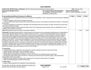 UNCLASSIFIED
PE 0603766E: NETWORK-CENTRIC WARFARE TECHNOLOGY UNCLASSIFIED
Defense Advanced Research Projects Agency Page 6 of 32 R-1 Line #57
Exhibit R-2A, RDT&E Project Justification: PB 2017 Defense Advanced Research Projects Agency Date: February 2016
Appropriation/Budget Activity
0400 / 3
R-1 Program Element (Number/Name)
PE 0603766E / NETWORK-CENTRIC
WARFARE TECHNOLOGY
Project (Number/Name)
NET-01 / JOINT WARFARE SYSTEMS
B. Accomplishments/Planned Programs ($ in Millions) FY 2015 FY 2016 FY 2017
- Develop experiments to highlight the planning and assessment capabilities in both a distributed and communications-challenged
environment.
- Continue integration efforts with the prototype framework.
- Continue development of planning tools that combine planning for strike, reconnaissance and electronic warfare in a distributed
environment.
- Continue development of assessment capabilities that automatically track plan execution and alert command and control cells
when plans are likely to change.
- Demonstrate the ability of small, distributed staffs to plan and manage large-scale operations within an established Air Force
modeling and simulation environment.
Title: Retrodirective Arrays for Coherent Transmission (ReACT)
Description: Worldwide advancements in signal processing and electronics have decreased the effectiveness of single-platform,
power-based Electronic Warfare (EW) as a viable technique in the future. The goal of the Retrodirective Arrays for Coherent
Transmission (ReACT) program is to develop and to demonstrate the capability to combine distributed mobile transmitters to
provide high-power spatially resolved EW beams at frequencies utilized by adversary communications and radars. ReACT
will achieve this capability by synchronizing multiple distributed transmitters to form a much larger effective array than a single
platform could support. The key technical challenge is to synchronize distributed and moving transmitters while compensating
for platform motion and vibration. Further, the ReACT system must sense the target's emissions and then optimally configure
the ReACT transmitters to focus on the area to be jammed, as well as the minimum power required to sufficiently jam the target.
The ReACT program builds upon technology developed under the Arrays at Commercial Timescales (ACT) program, which is
budgeted in PE 0602716E, Project ELT-01, and will culminate with a flight demonstration of distributed EW beamforming. The
ReACT technology is planned to transition to the Air Force and Navy.
FY 2016 Plans:
- Complete development of algorithms and hardware for coherent beamforming under mobile environments.
- Design vibration compensation circuit for feedback control.
- Design algorithms that target an adversary by their emissions.
- Identify phenomenological barriers (frequency, motion, and vibration) and validate transition opportunities.
- Demonstrate system performance over-the-air in mobile ground environments at extended ranges, under operationally
representative motion and vibration.
- Integrate tracking algorithms for target motion preparing for air-to-ground demonstration of capability.
- Begin coordinating program transition with the Navy.
FY 2017 Plans:
- Design predictive algorithms for broadband channel estimation.
-   11.874 11.287
Volume 1 - 270
 