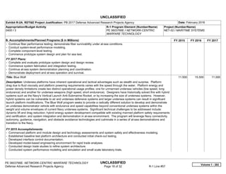 UNCLASSIFIED
PE 0603766E: NETWORK-CENTRIC WARFARE TECHNOLOGY UNCLASSIFIED
Defense Advanced Research Projects Agency Page 18 of 32 R-1 Line #57
Exhibit R-2A, RDT&E Project Justification: PB 2017 Defense Advanced Research Projects Agency Date: February 2016
Appropriation/Budget Activity
0400 / 3
R-1 Program Element (Number/Name)
PE 0603766E / NETWORK-CENTRIC
WARFARE TECHNOLOGY
Project (Number/Name)
NET-02 / MARITIME SYSTEMS
B. Accomplishments/Planned Programs ($ in Millions) FY 2015 FY 2016 FY 2017
- Continue fiber performance testing; demonstrate fiber survivability under at-sea conditions.
- Conduct system-level performance modeling.
- Complete component-level testing.
- Commence prototype system design and plan for sea test.
FY 2017 Plans:
- Complete and evaluate prototype system design and design review.
- Commence system fabrication and integration testing.
- Continue at-sea system demonstration planning and coordination.
- Demonstrate deployment and at-sea operation and survival.
Title: Blue Wolf
Description: Undersea platforms have inherent operational and tactical advantages such as stealth and surprise. Platform
drag due to fluid viscosity and platform powering requirements varies with the speed through the water. Platform energy and
power density limitations create two distinct operational usage profiles: one for unmanned undersea vehicles (low speed, long
endurance) and another for undersea weapons (high speed, short endurance). Designers have historically solved this with hybrid
systems such as the Navy's Vertical Launch Anti-Submarine Rocket, or by increasing the size of undersea systems. However,
hybrid systems can be vulnerable to air and undersea defensive systems and larger undersea systems can result in significant
launch platform modifications. The Blue Wolf program seeks to provide a radically different solution to develop and demonstrate
an undersea demonstrator vehicle with endurance and speed capabilities beyond conventional undersea systems within the
weight and volume envelopes of current Navy undersea systems. Significant technical challenges to be addressed include:
dynamic lift and drag reduction; hybrid energy system development compatible with existing manned platform safety requirements
and certification; and system integration and demonstration in at-sea environment. The program will leverage Navy connectivity,
autonomy, guidance, navigation, and obstacle avoidance technologies and culminate in a series of at-sea demonstrations and
transition to the Navy.
FY 2015 Accomplishments:
- Commenced platform and module design and technology assessments and system safety and effectiveness modeling.
- Established baseline test platform architecture and conducted initial check-out testing.
- Developed interface control documentation.
- Developed model-based engineering environment for rapid trade analyses.
- Conducted design trade studies to refine system architecture.
- Conducted system performance modeling and simulation and small scale laboratory trials.
11.500 15.500 11.000
Volume 1 - 282
 