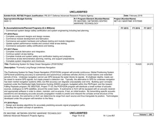 UNCLASSIFIED
PE 0603766E: NETWORK-CENTRIC WARFARE TECHNOLOGY UNCLASSIFIED
Defense Advanced Research Projects Agency Page 19 of 32 R-1 Line #57
Exhibit R-2A, RDT&E Project Justification: PB 2017 Defense Advanced Research Projects Agency Date: February 2016
Appropriation/Budget Activity
0400 / 3
R-1 Program Element (Number/Name)
PE 0603766E / NETWORK-CENTRIC
WARFARE TECHNOLOGY
Project (Number/Name)
NET-02 / MARITIME SYSTEMS
B. Accomplishments/Planned Programs ($ in Millions) FY 2015 FY 2016 FY 2017
- Commenced system design safety certification and system engineering including test planning.
FY 2016 Plans:
- Complete component designs and design reviews.
- Commence module development and fabrication.
- Commence sub-system hardware and software testing and module integration.
- Update system performance models and conduct initial at-sea testing.
- Commence subsystem safety certifications and testing.
FY 2017 Plans:
- Complete module fabrication and integration.
- Continue system at-sea testing.
- Complete module and system safety and certification testing and analyses.
- Commence at-sea demonstration planning, training, and support preparations.
- Complete system integration and checkouts.
Title: Positioning System for Deep Ocean Navigation (POSYDON)*
Description: *Formerly Long-Range Undersea Navigation
The Positioning System for Deep Ocean Navigation (POSYDON) program will provide continuous, Global Positioning System
(GPS)-level positioning accuracy to submarines and autonomous undersea vehicles (AUVs) in ocean basins over extended
periods of time. Undersea navigation cannot use GPS because the water blocks its signals. At shallower depths, masts can
be raised to receive GPS signals, but masts present a detection risk. Typically, the alternative to GPS for undersea navigation
has been inertial navigation systems (INS), but INS accuracy can degrade unacceptably over time. Building upon concepts
explored under the Distributed Agile Submarine Hunting (DASH) program, budgeted within this PE/Project, and the Upward
Falling Payloads program, PE 0602702E, Project TT-03, the POSYDON program will distribute a small number of acoustic
sources, analogous to GPS satellites, around the ocean basin. A submarine or AUV will be equipped with an acoustic receiver
and appropriate software in order to obtain, maintain, and re-acquire, if lost, an initial location. By transmitting specific acoustic
waveforms and developing accurate acoustic propagation models to predict and interpret the complex arrival structure of the
acoustic sources, the submarine or AUV can determine its range from each source and thus triangulate its position. Technologies
developed under this program will transition to the Navy.
FY 2016 Plans:
- Design and develop algorithms for accurately predicting acoustic signal propagation paths.
- Develop the system concept of operations.
-   18.620 24.570
Volume 1 - 283
 