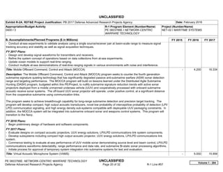 UNCLASSIFIED
PE 0603766E: NETWORK-CENTRIC WARFARE TECHNOLOGY UNCLASSIFIED
Defense Advanced Research Projects Agency Page 20 of 32 R-1 Line #57
Exhibit R-2A, RDT&E Project Justification: PB 2017 Defense Advanced Research Projects Agency Date: February 2016
Appropriation/Budget Activity
0400 / 3
R-1 Program Element (Number/Name)
PE 0603766E / NETWORK-CENTRIC
WARFARE TECHNOLOGY
Project (Number/Name)
NET-02 / MARITIME SYSTEMS
B. Accomplishments/Planned Programs ($ in Millions) FY 2015 FY 2016 FY 2017
- Conduct at-sea experiments to validate analysis using a single source/receiver pair at basin-scale range to measure signal
tracking accuracy and stability as well as signal acquisition techniques.
FY 2017 Plans:
- Design and develop signal waveforms for transmitters and receivers.
- Refine the system concept of operations based on data collections from at-sea experiments.
- Update ocean models to support real-time ranging.
- Conduct multiple at-sea demonstrations of real-time ranging signals in various environments with noise and interference.
Title: Mobile Offboard Command, Control and Attack (MOCCA)
Description: The Mobile Offboard Command, Control and Attack (MOCCA) program seeks to counter the fourth generation
submarine signature quieting technology that has significantly degraded passive anti-submarine warfare (ASW) sonar detection
range and targeting performance. The MOCCA program will build on lessons learned under the Distributed Agile Submarine
Hunting (DASH) program, budgeted within this PE/Project, to nullify submarine signature reduction trends with active sonar
projectors deployed from a mobile unmanned undersea vehicle (UUV) and cooperatively processed with onboard submarine
acoustic receive sonar systems. The off-board UUV sonar projector will operate, under positive control, at a significant distance
from the cooperative submarine using communication links.
The program seeks to achieve breakthrough capability for long-range submarine detection and precision target tracking. The
program will develop compact, high output acoustic transducers, novel low probability of intercept/low probability of detection (LPI/
LPD) communication signaling, and high energy density sub-systems compatible with deployable UUV packaging constraints. In
addition, the MOCCA system will be integrated into submarine onboard sonar and weapons control systems. This program will
transition to the Navy.
FY 2016 Plans:
- Begin preliminary design of hardware and software components.
FY 2017 Plans:
- Evaluate designs on compact acoustic projectors, UUV energy solutions, LPI/LPD communications link system components.
- Develop subsystems including compact high output acoustic projector, UUV energy solutions, LPI/LPD communications link
system.
- Commence testing to evaluate at-sea performance of UUV mobile sonar demonstrating source level and beam control, LPI/LPD
communications waveforms detectability, range performance and data rate, and submarine Bi-static sonar processing algorithms.
- Initiate process for approval of temporary system integration into submarine systems for test and evaluation.
-   4.200 16.334
Title: Virtual Acoustic Microphone System (VAMS) -   5.000 15.958
Volume 1 - 284
 