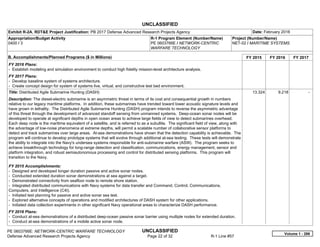 UNCLASSIFIED
PE 0603766E: NETWORK-CENTRIC WARFARE TECHNOLOGY UNCLASSIFIED
Defense Advanced Research Projects Agency Page 22 of 32 R-1 Line #57
Exhibit R-2A, RDT&E Project Justification: PB 2017 Defense Advanced Research Projects Agency Date: February 2016
Appropriation/Budget Activity
0400 / 3
R-1 Program Element (Number/Name)
PE 0603766E / NETWORK-CENTRIC
WARFARE TECHNOLOGY
Project (Number/Name)
NET-02 / MARITIME SYSTEMS
B. Accomplishments/Planned Programs ($ in Millions) FY 2015 FY 2016 FY 2017
FY 2016 Plans:
- Establish modeling and simulation environment to conduct high fidelity mission-level architecture analysis.
FY 2017 Plans:
- Develop baseline system of systems architecture.
- Create concept design for system of systems live, virtual, and constructive test bed environment.
Title: Distributed Agile Submarine Hunting (DASH)
Description: The diesel-electric submarine is an asymmetric threat in terms of its cost and consequential growth in numbers
relative to our legacy maritime platforms. In addition, these submarines have trended toward lower acoustic signature levels and
have grown in lethality. The Distributed Agile Submarine Hunting (DASH) program intends to reverse the asymmetric advantage
of this threat through the development of advanced standoff sensing from unmanned systems. Deep-ocean sonar nodes will be
developed to operate at significant depths in open ocean areas to achieve large fields of view to detect submarines overhead.
Each deep node is the maritime equivalent of a satellite, and is referred to as a subullite. The significant field of view, along with
the advantage of low-noise phenomena at extreme depths, will permit a scalable number of collaborative sensor platforms to
detect and track submarines over large areas. At-sea demonstrations have shown that the detection capability is achievable. The
program will continue to develop prototype systems that will evolve through additional at-sea testing. These tests will demonstrate
the ability to integrate into the Navy's undersea systems responsible for anti-submarine warfare (ASW). The program seeks to
achieve breakthrough technology for long-range detection and classification, communications, energy management, sensor and
platform integration, and robust semiautonomous processing and control for distributed sensing platforms. This program will
transition to the Navy.
FY 2015 Accomplishments:
- Designed and developed longer duration passive and active sonar nodes.
- Conducted extended duration sonar demonstrations at sea against a target.
- Demonstrated connectivity from seafloor node to remote shore station.
- Integrated distributed communications with Navy systems for data transfer and Command, Control, Communications,
Computers, and Intelligence (C4I).
- Initiated test planning for passive and active sonar sea test.
- Explored alternative concepts of operations and modified architectures of DASH system for other applications.
- Initiated data collection experiments in other significant Navy operational areas to characterize DASH performance.
FY 2016 Plans:
- Conduct at-sea demonstrations of a distributed deep-ocean passive sonar barrier using multiple nodes for extended duration.
- Conduct at-sea demonstrations of a mobile active sonar node.
13.324 9.218 -  
Volume 1 - 286
 