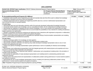 UNCLASSIFIED
PE 0601101E: DEFENSE RESEARCH SCIENCES UNCLASSIFIED
Defense Advanced Research Projects Agency Page 14 of 48 R-1 Line #2
Exhibit R-2A, RDT&E Project Justification: PB 2017 Defense Advanced Research Projects Agency Date: February 2016
Appropriation/Budget Activity
0400 / 1
R-1 Program Element (Number/Name)
PE 0601101E / DEFENSE RESEARCH
SCIENCES
Project (Number/Name)
CCS-02 / MATH AND COMPUTER
SCIENCES
B. Accomplishments/Planned Programs ($ in Millions) FY 2015 FY 2016 FY 2017
- Established initial scientific and/or engineering use case and example data sets that will be used to validate the knowledge
representation framework and tools as they are developed.
- Designed appropriate tools for ingesting and registering scientific data into a common mathematical representation and
demonstrated the tools for example datasets.
FY 2016 Plans:
- Demonstrate data input and information extraction within the previously developed mathematical knowledge framework.
- Incorporate domain-specific prior knowledge, such as computational models, into the mathematical knowledge framework.
- Demonstrate the integration of datasets and prior domain knowledge in one or more scientific and engineering use cases.
- Explore novel mathematical representations that can accommodate the possibilities of new materials for enabling simultaneous
design exploration and optimization.
- Develop a quantitative framework for analyzing and optimizing human interactions with engineered components in collaborative
networks consisting of human-machine systems and systems-of-systems.
- Explore novel experimental approaches for repeatable and replicable testing of social simulation representation and modeling
tools for understanding social behavioral outcomes.
FY 2017 Plans:
- Develop a prototype platform for knowledge and data ingestion.
- Demonstrate multimodal integration and inference with first-generation analysis tools.
- Demonstrate hypothesis generation and steering using newly developed knowledge representation tools on one or more
scientific and engineering use cases.
- Analyze and optimize knowledge representation system performance in terms of scalability for inference and knowledge
ingestion.
- Demonstrate novel mathematical representation tools that integrate geometry with material physics and properties and micro-
structure to accelerate design exploration and optimization.
- Demonstrate the utility of new networked data collection, mathematical, and computational modeling tools in the simulation of
complex social interactions.
- Demonstrate the applicability of newly developed representation and modeling tools for understanding potential social
behavioral outcomes.
- Design tools for the measurement and representation of collaborative problem solving performance in human-machine systems
and systems-of-systems.
- Demonstrate the use of new knowledge representation tools for modeling and optimizing collaborative problem solving
performance in human-machine systems and systems-of-systems.
Title: Probabilistic Programming for Advancing Machine Learning (PPAML) 13.611 13.188 9.576
Volume 1 - 14
 