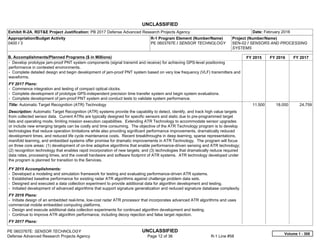 UNCLASSIFIED
PE 0603767E: SENSOR TECHNOLOGY UNCLASSIFIED
Defense Advanced Research Projects Agency Page 12 of 36 R-1 Line #58
Exhibit R-2A, RDT&E Project Justification: PB 2017 Defense Advanced Research Projects Agency Date: February 2016
Appropriation/Budget Activity
0400 / 3
R-1 Program Element (Number/Name)
PE 0603767E / SENSOR TECHNOLOGY
Project (Number/Name)
SEN-02 / SENSORS AND PROCESSING
SYSTEMS
B. Accomplishments/Planned Programs ($ in Millions) FY 2015 FY 2016 FY 2017
- Develop prototype jam-proof PNT system components (signal transmit and receive) for achieving GPS-level positioning
performance in contested environments.
- Complete detailed design and begin development of jam-proof PNT system based on very low frequency (VLF) transmitters and
waveforms.
FY 2017 Plans:
- Commence integration and testing of compact optical clocks.
- Complete development of prototype GPS-independent precision time transfer system and begin system evaluations.
- Complete development of jam-proof PNT system and conduct tests to validate system performance.
Title: Automatic Target Recognition (ATR) Technology
Description: Automatic Target Recognition (ATR) systems provide the capability to detect, identify, and track high value targets
from collected sensor data. Current ATRs are typically designed for specific sensors and static due to pre-programmed target
lists and operating mode, limiting mission execution capabilities. Extending ATR Technology to accommodate sensor upgrades
or include new emerging targets can be costly and time consuming. The objective of the ATR Technology program is to develop
technologies that reduce operation limitations while also providing significant performance improvements, dramatically reduced
development times, and reduced life cycle maintenance costs. Recent breakthroughs in deep learning, sparse representations,
manifold learning, and embedded systems offer promise for dramatic improvements in ATR Technology. The program will focus
on three core areas: (1) development of on-line adaptive algorithms that enable performance-driven sensing and ATR technology;
(2) recognition technology that enables rapid incorporation of new targets; and (3) technologies that dramatically reduce required
data rates, processing times, and the overall hardware and software footprint of ATR systems. ATR technology developed under
the program is planned for transition to the Services.
FY 2015 Accomplishments:
- Developed a modeling and simulation framework for testing and evaluating performance-driven ATR systems.
- Established baseline performance for existing radar ATR algorithms against challenge problem data sets.
- Designed and executed a data collection experiment to provide additional data for algorithm development and testing.
- Initiated development of advanced algorithms that support signature generalization and reduced signature database complexity.
FY 2016 Plans:
- Initiate design of an embedded real-time, low-cost radar ATR processor that incorporates advanced ATR algorithms and uses
commercial mobile embedded computing platforms.
- Design and execute additional data collection experiments for continued algorithm development and testing.
- Continue to improve ATR algorithm performance, including decoy rejection and false target rejection.
FY 2017 Plans:
11.500 18.000 24.759
Volume 1 - 308
 
