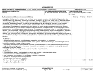 UNCLASSIFIED
PE 0603767E: SENSOR TECHNOLOGY UNCLASSIFIED
Defense Advanced Research Projects Agency Page 14 of 36 R-1 Line #58
Exhibit R-2A, RDT&E Project Justification: PB 2017 Defense Advanced Research Projects Agency Date: February 2016
Appropriation/Budget Activity
0400 / 3
R-1 Program Element (Number/Name)
PE 0603767E / SENSOR TECHNOLOGY
Project (Number/Name)
SEN-02 / SENSORS AND PROCESSING
SYSTEMS
B. Accomplishments/Planned Programs ($ in Millions) FY 2015 FY 2016 FY 2017
Description: Building upon low-cost and small form factor sensor research conducted under DARPA's Adaptable, Low Cost
Sensors (ADAPT) and Multi-Optical Sensing (MOS) programs (budgeted in PE 0603767E, Project SEN-01), the Small Satellite
Sensors program will develop and space-qualify electro-optical and infrared (EO/IR) sensor and inter-satellite communications
technologies, and establish feasibility that new DoD tactical capabilities can be implemented on small (< 100 lb) satellites.
Experimental payloads will be flown on small satellites, and data will be collected to validate new operational concepts.
Small satellites provide a low-cost and quick-turnaround capability for testing new technologies and experimental payloads.
Operationally, small and low-cost satellites enable the deployment of larger constellations which can provide greater coverage,
persistence, and survivability compared to a small number of more expensive satellites, as well as the possibility for launch-on-
demand. This program seeks to leverage rapid progress being made by the commercial sector on small satellite bus technology,
as well as investments being made by DoD and industry on low-cost launch and launch-on-demand capabilities for small
satellites. The program will focus on developing, demonstrating, and validating key payload technologies needed by DoD that are
not currently being developed for commercial space applications. Technologies developed under this program will transition to the
Air Force.
FY 2016 Plans:
- Develop conceptual designs for EO/IR sensor and inter-satellite communications link subsystems.
- Develop software performance models for candidate sensor systems, and perform laboratory or airborne testing to improve
model fidelity and assist in design of flight hardware.
- Begin design of experimental sensor payloads compatible with a small satellite bus, and perform preliminary design review.
- Begin development of lightweight and low-power inter-satellite communications links suitable for providing high-bandwidth
crosslinks for 100 lb class satellites.
- Investigate alternative low-cost payloads suitable for integration on a small satellite.
FY 2017 Plans:
- Complete detailed design of small satellite EO/IR sensor, and complete a preliminary design review.
- Complete construction of the small EO/IR payload and satellite bus.
- Build inter-satellite communications link hardware for integration into satellites.
- Develop and test mission data processing software.
- Develop detailed plan for on-orbit operations.
Title: Seeker Cost Transformation (SECTR)*
Description: *Formerly Low Cost Seeker
-   8.000 20.658
Volume 1 - 310
 